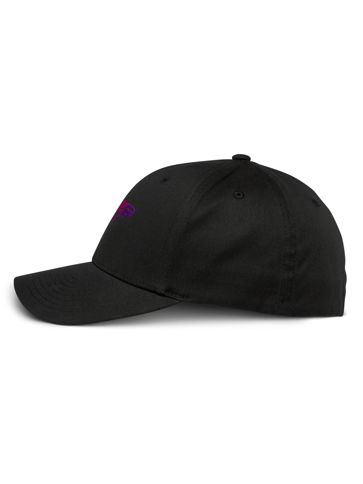 Alpinestars Setting Hat, Black, side profile view, curved bill with structured crown, purple 3D gradation embroidery logo, stretch twill casual baseball cap