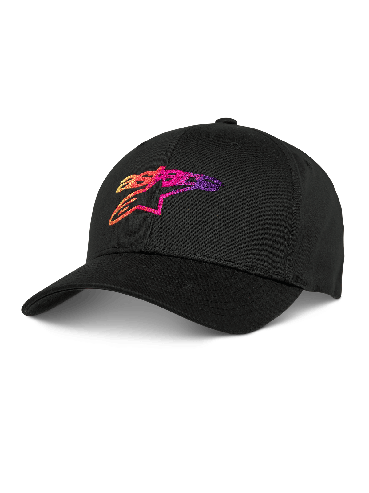 Alpinestars Setting Hat, Black Baseball Cap, featuring 3D gradient embroidered logo in orange, pink, and purple, curved brim, structured crown, casual lifestyle headwear