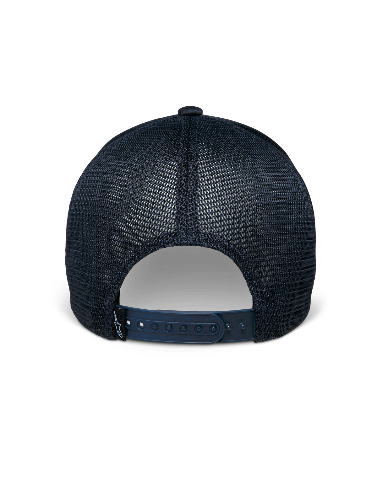 Casquette Alpinestars Delane, bleu marine, vue arrière, avec panneaux en maille diamant respirante, fermeture snapback réglable avec petite étiquette logo, vêtement de sport technique et décontracté