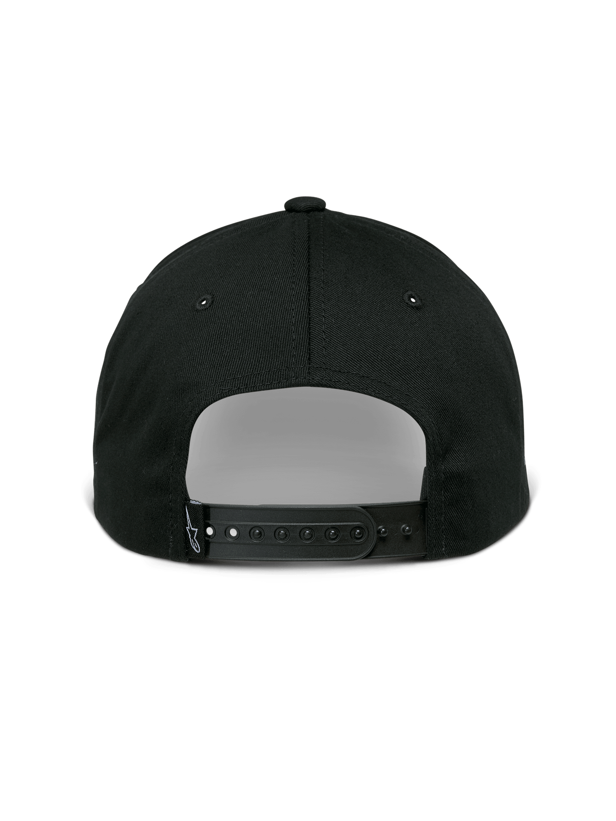 Casquette Sessionized Alpinestars, casquette Snapback, noire, vue arrière avec fermeture à pression réglable et petite étiquette logo, sergé de coton, couvre-chef décontracté inspiré des sports mécaniques
