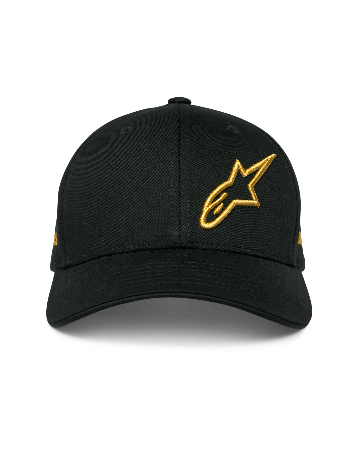 Casquette Alpinestars Sessionized, casquette snapback noire à visière courbée, logo Astars doré brodé en 3D sur le devant à gauche, design en sergé de coton structuré, accessoire décontracté style motorsport
