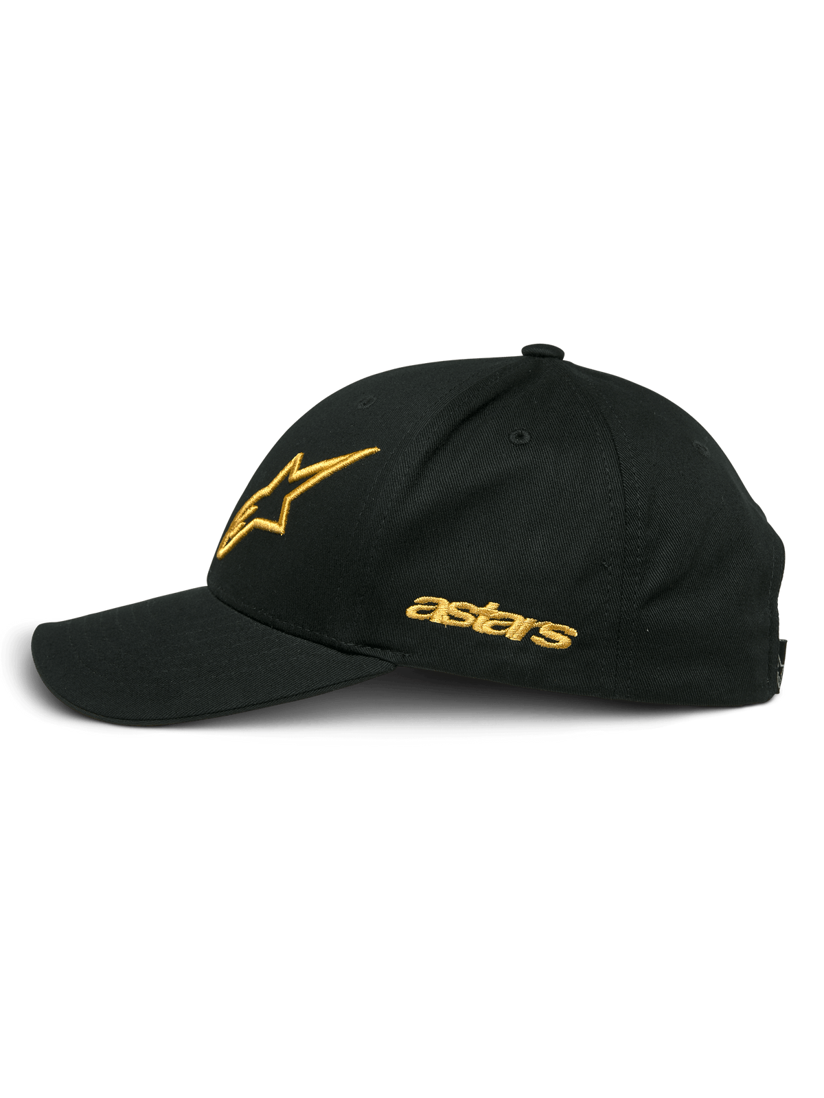 Casquette Alpinestars Sessionized, noir et or, profil latéral avec logo étoile et texte astars brodés en or, visière courbée, couronne structurée, style décontracté inspiré du sport automobile