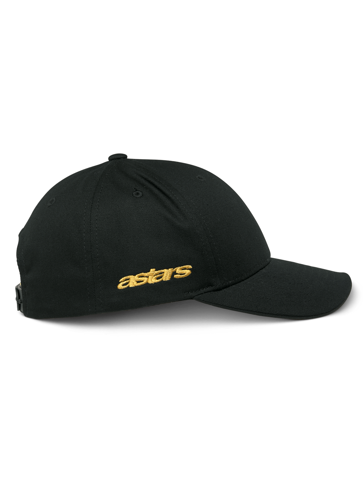 Casquette Alpinestars Sessionized, vue de profil d'une casquette snapback noire, broderie plate Astars dorée sur le côté, couronne structurée avec visière courbée, couvre-chef décontracté inspiré du sport automobile