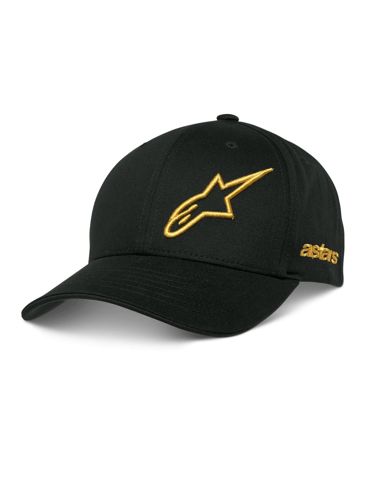 Alpinestars Sessionized Hat, casquette de baseball noire, logo étoile brodé en 3D doré, visière courbée, broderie astars sur le côté, couvre-chef de sport automobile décontracté