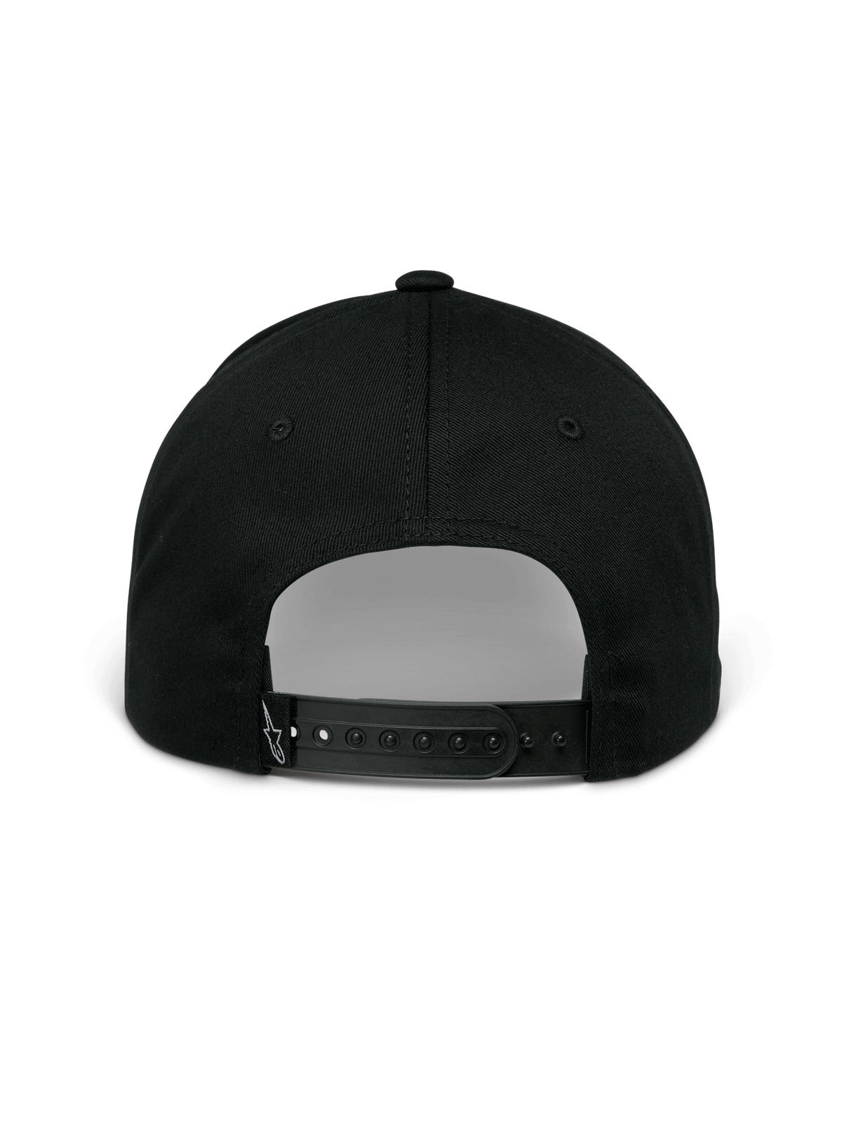 Casquette Alpinestars Profile, noire, vue arrière montrant la fermeture snapback réglable, la couronne structurée et le petit logo blanc brodé sur la sangle arrière, style sportswear décontracté.