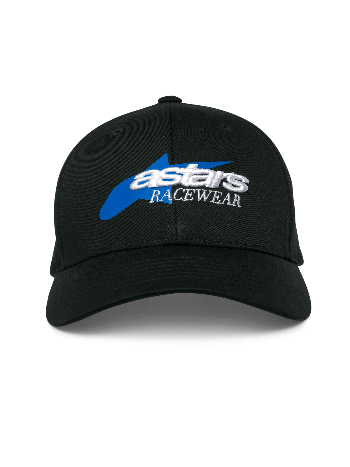 Casquette Alpinestars Profile, casquette de baseball noire, avec graphisme d'étoile bleue et logo « astars RACEWEAR » blanc brodé en 3D, couronne structurée et visière courbée, style motorsport décontracté