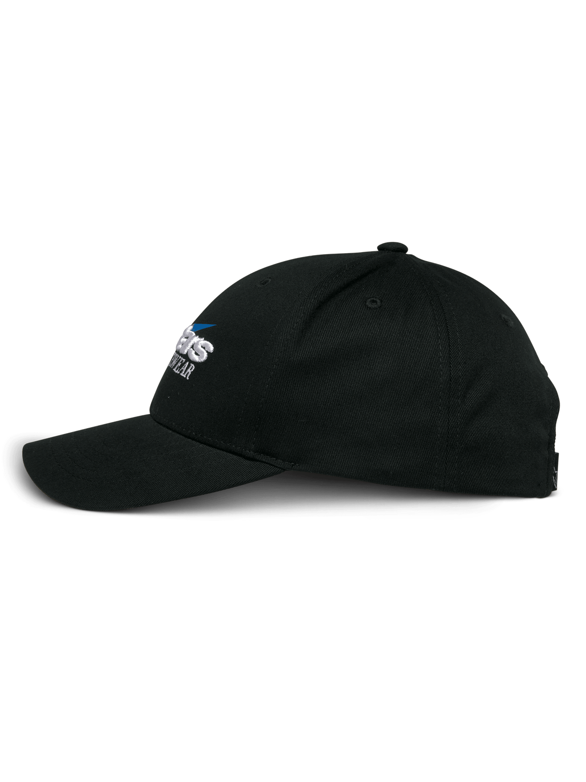 Casquette Profile Alpinestars, casquette Snapback, noir, vue de profil latéral, couronne structurée avec visière courbée, logo Alpinestars brodé, couvre-chef décontracté inspiré du sport automobile