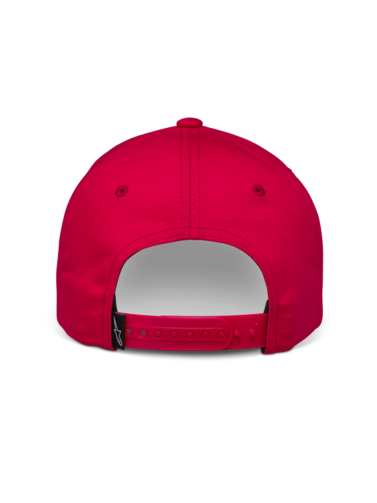 Casquette Profile Alpinestars, casquette snapback rouge, vue arrière montrant la languette de réglage et la petite étiquette noire avec le logo Alpinestars, sergé de coton, accessoire décontracté motorsport