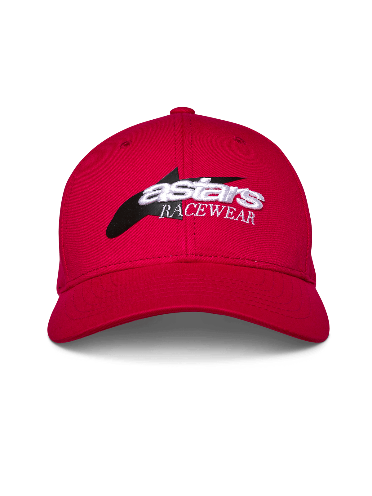 Casquette Profile Alpinestars, rouge, snapback à visière courbée et couronne structurée, logo frontal avec graphisme d'étoile noire et broderie 3D blanche 'astars RACEWEAR', couvre-chef lifestyle motorsport décontracté