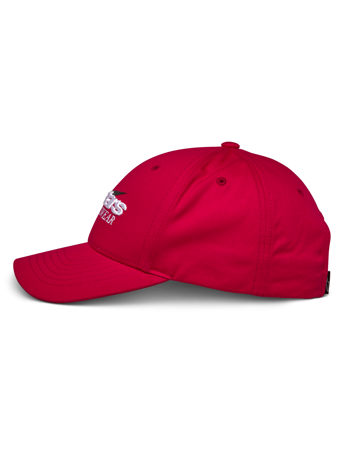 Casquette Profile Alpinestars, rouge, vue de profil, couronne structurée avec visière courbée, sergé 100 % coton, logo brodé blanc et noir, style décontracté motorsport