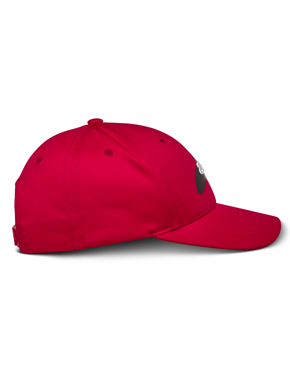 Casquette Alpinestars Profile, rouge, vue de profil, casquette de baseball avec couronne structurée et visière courbée, tissu en sergé de coton, couvre-chef décontracté inspiré du sport automobile