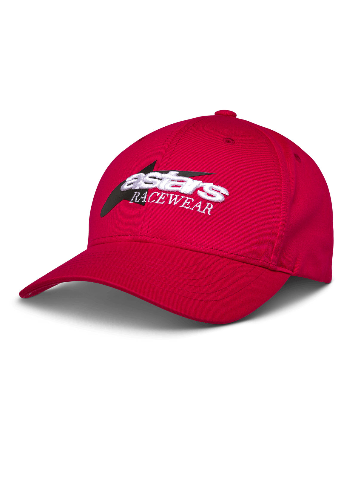 Casquette Alpinestars Profile, casquette de baseball rouge, logo Astars RACEWEAR brodé en blanc et noir, visière courbée et couronne structurée, streetwear décontracté inspiré du sport automobile
