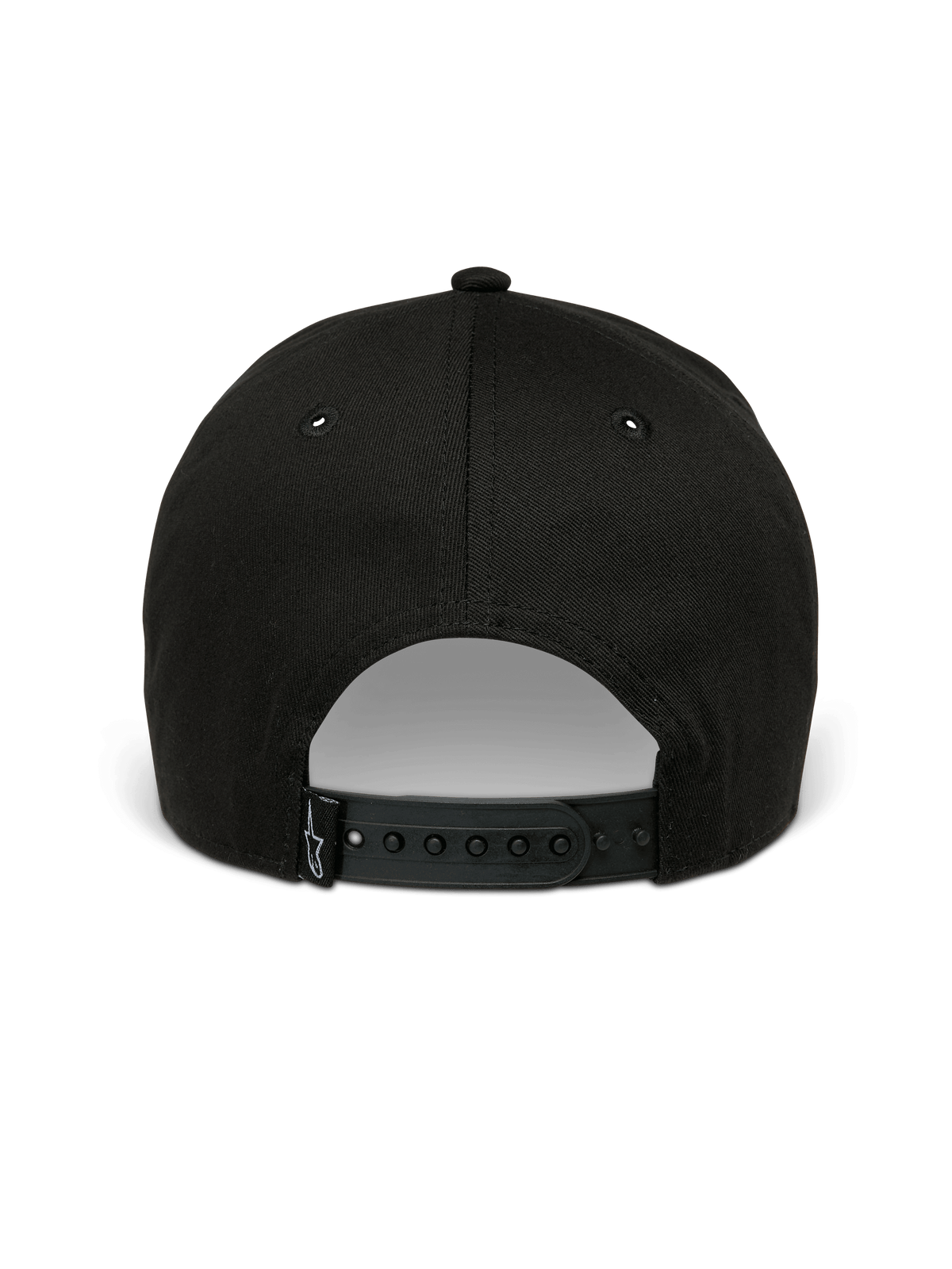 Casquette Alpinestars Metal Logo, casquette snapback, noir, vue arrière montrant la fermeture à pression réglable et une petite étiquette logo tissée, streetwear décontracté inspiré du sport automobile.