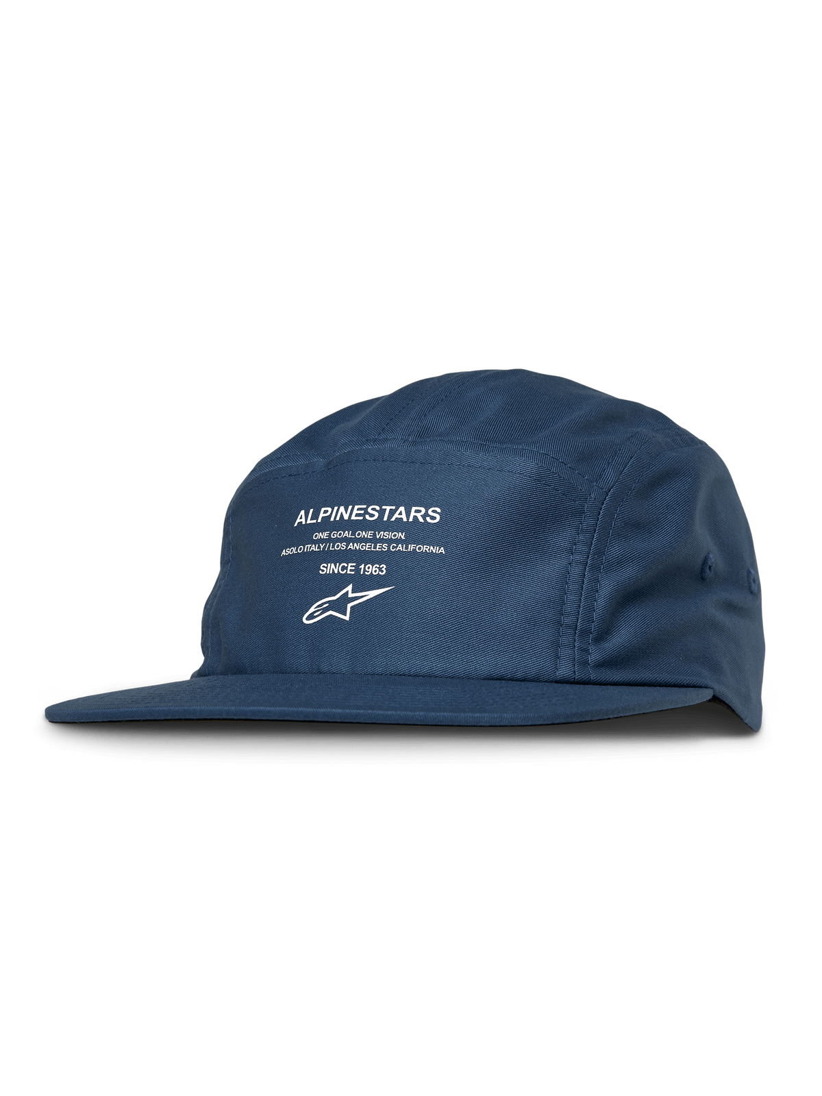 Alpinestars Peasy Hat, 5-panel Jockey Hat, Blue, White Graphic Print with Logo and Text, Flat Bill, Unstructured Crown, Casual Motorsport Streetwear
