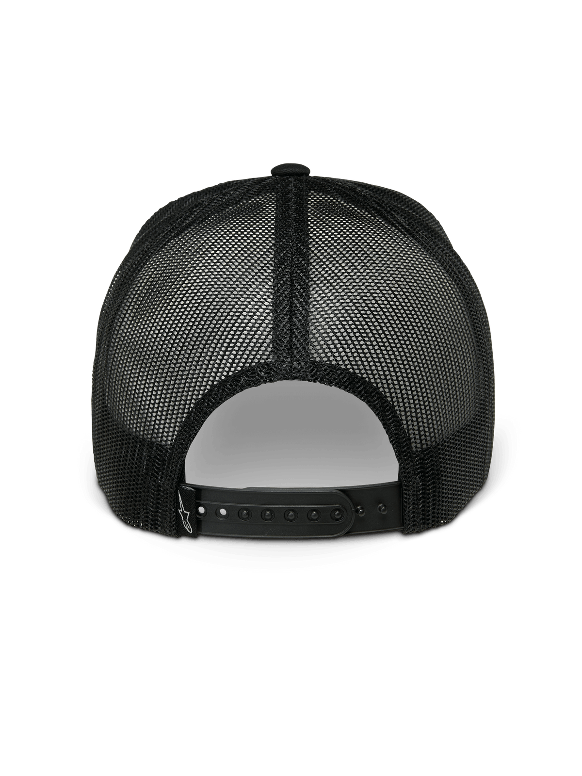 Casquette Trucker Alpinestars Gambit, casquette snapback, noir, vue arrière montrant les panneaux en maille polyester respirante et la fermeture snapback réglable, sportswear motorsport décontracté