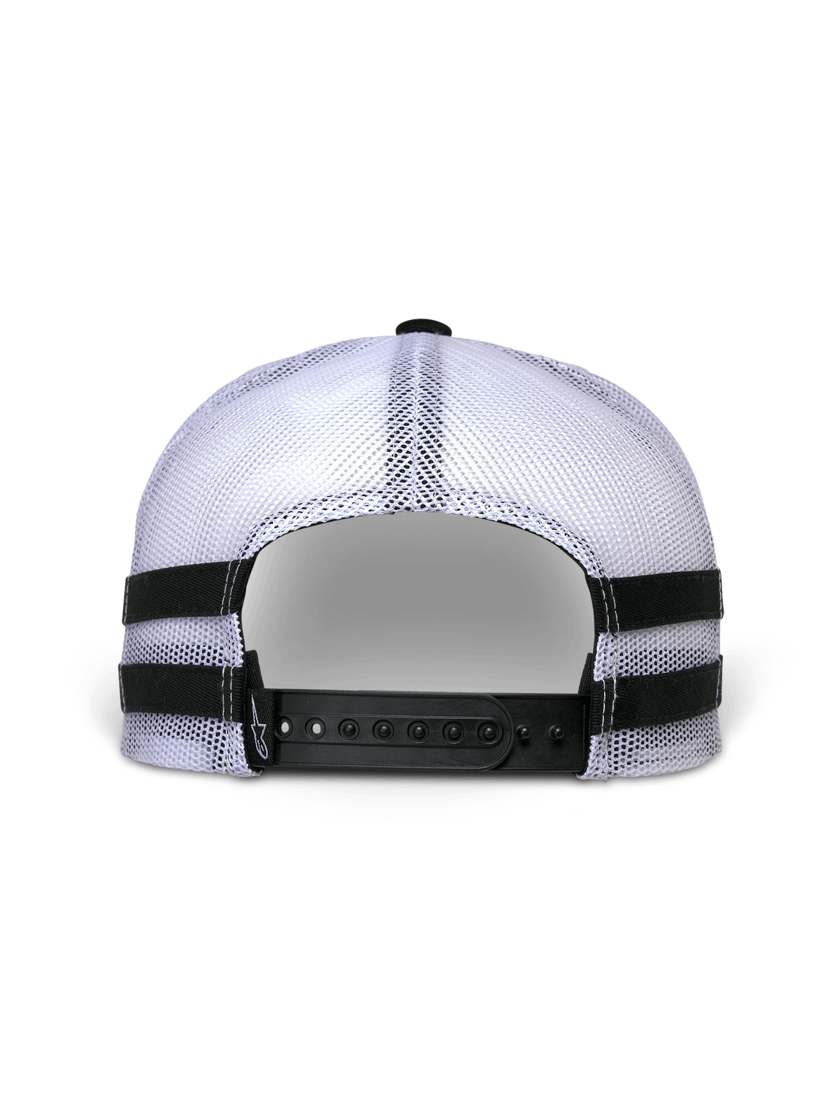 Casquette Trucker Alpinestars Backline, vue arrière, arrière en maille blanche avec fermeture snapback noire, bandes horizontales noires appliquées sur les côtés, style streetwear décontracté sport automobile