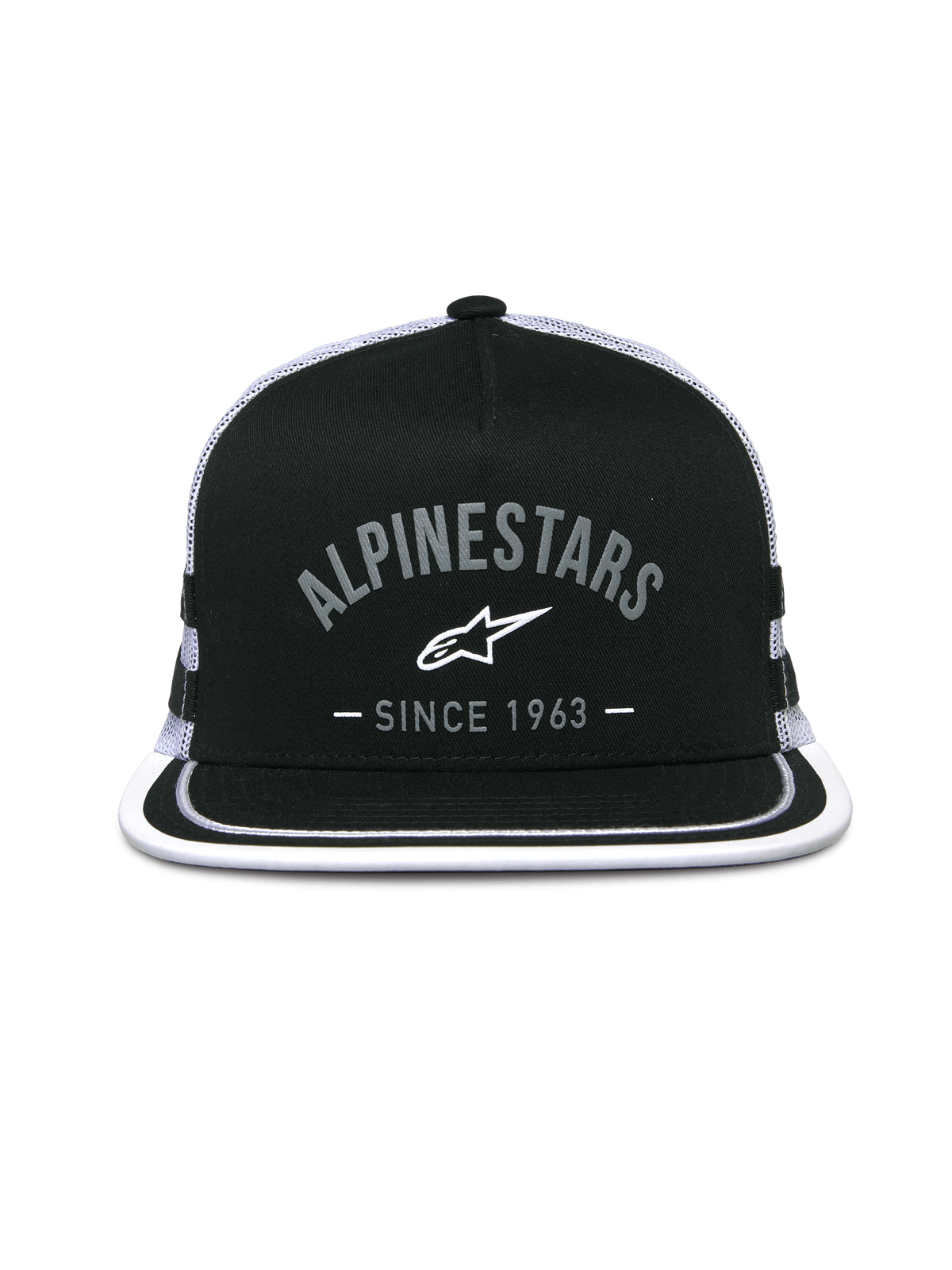 Casquette Trucker Backline Alpinestars, casquette trucker, noir et blanc, logo graphique à l'avant avec « Alpinestars Since 1963 », visière plate avec bordure blanche, couronne structurée et arrière en maille