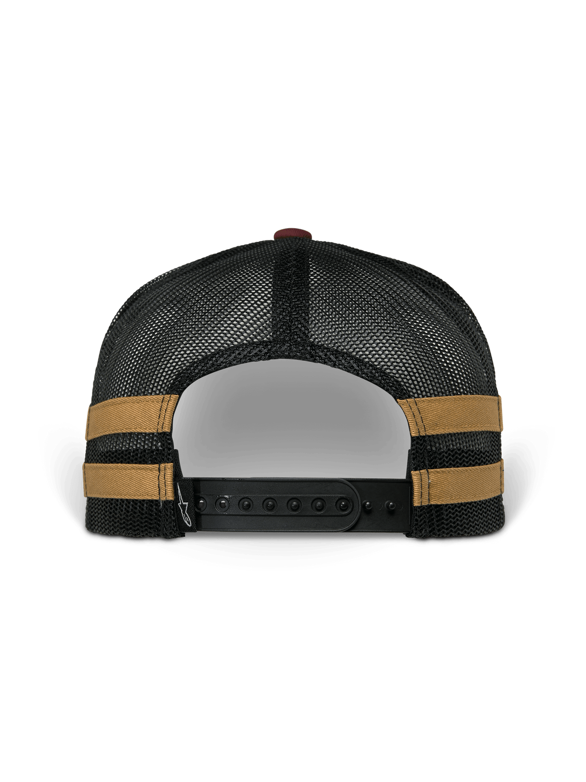 Casquette Trucker Backline Alpinestars, vue arrière, arrière en maille polyester noire avec bandes latérales moutarde, fermeture snapback réglable noire, couvre-chef décontracté inspiré par le sport automobile