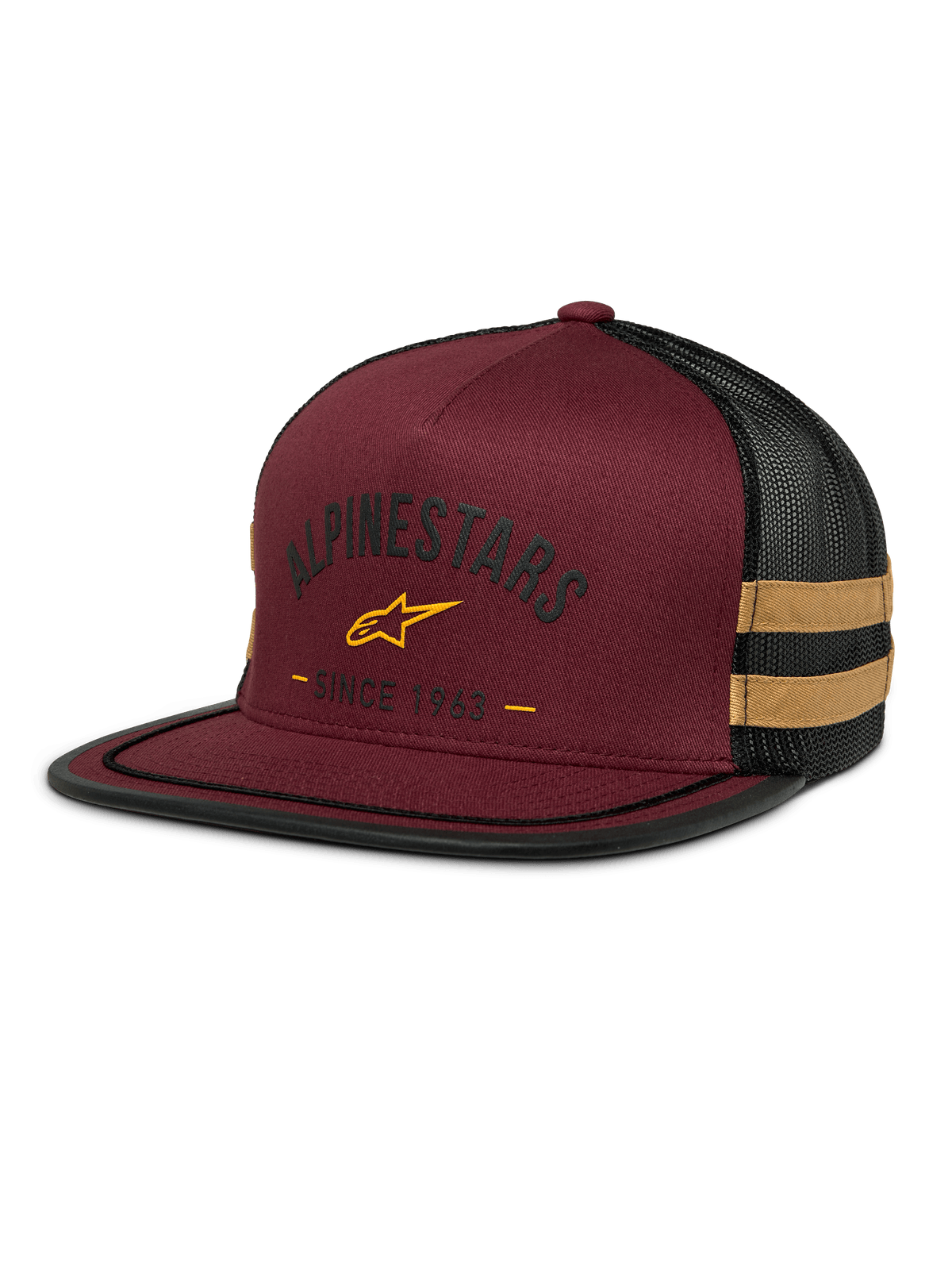 Alpinestars Backline Trucker Hat, casquette en maille brique et noire, logo étoile jaune et graphisme héritage « Since 1963 », couronne structurée avec visière plate, bandes latérales jaune moutarde