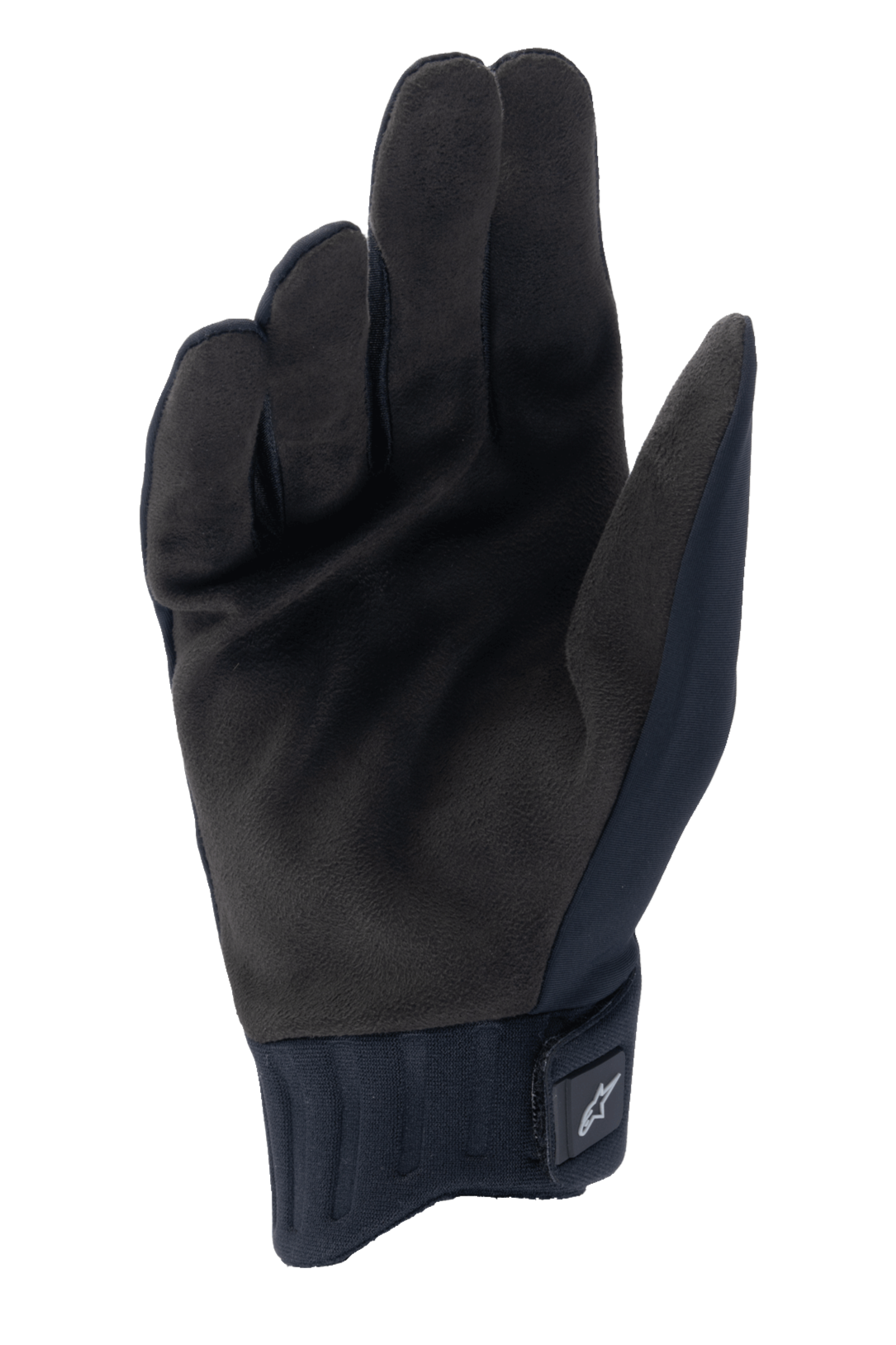 Gants de pluie Alpinestars A-Dura, gants de cyclisme noirs, vue de la paume montrant le matériau en suède synthétique, manchette en néoprène côtelé avec fermeture à crochet et boucle, design discret pour le VTT et protection contre les intempéries