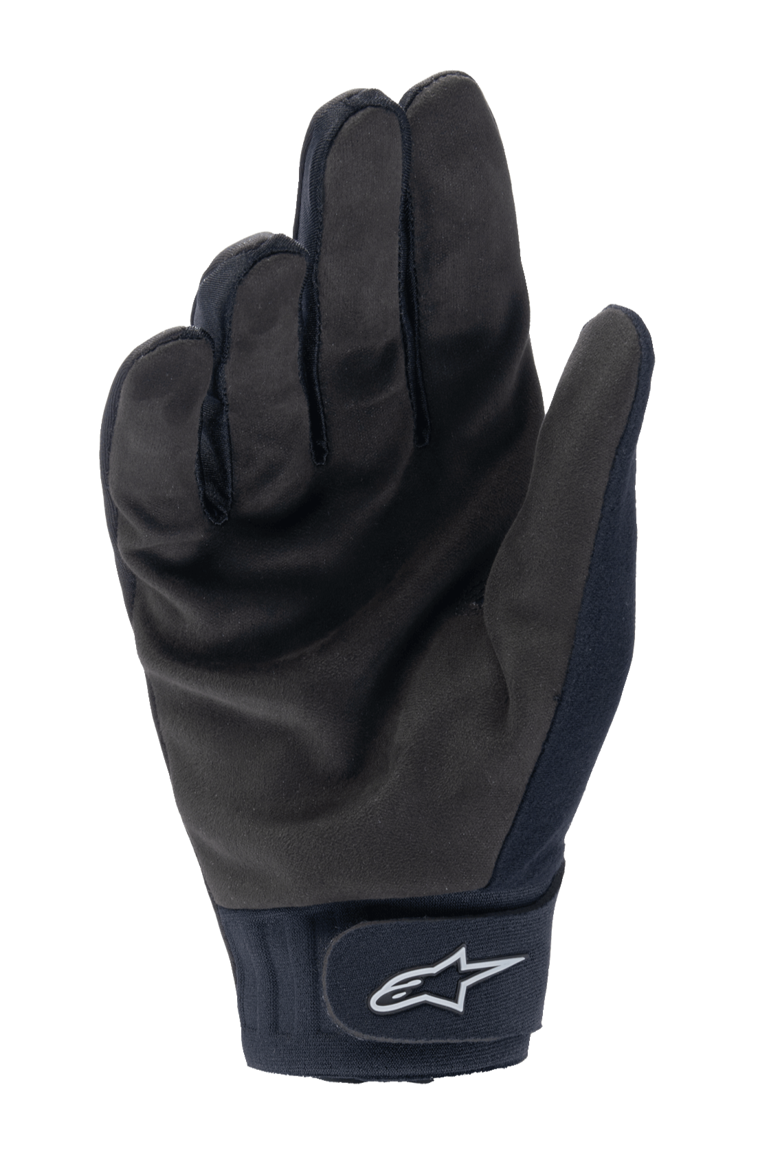 Gants thermiques Alpinestars A-Dura, gants de cyclisme VTT noirs, vue de la paume montrant le suède synthétique durable et la fermeture du poignet par crochet et boucle avec logo Alpinestars blanc, équipement de cyclisme thermique pour le froid