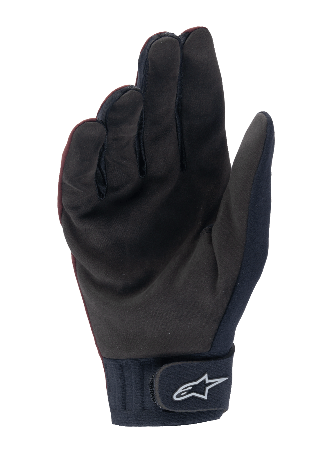 Gants thermiques Alpinestars A-Dura, gants de VTT, bordeaux foncé et noir, vue de la paume montrant le suède synthétique, manchette en néoprène avec sangle à crochet et boucle et logo Astar blanc, conçus pour la pratique du VTT par temps froid