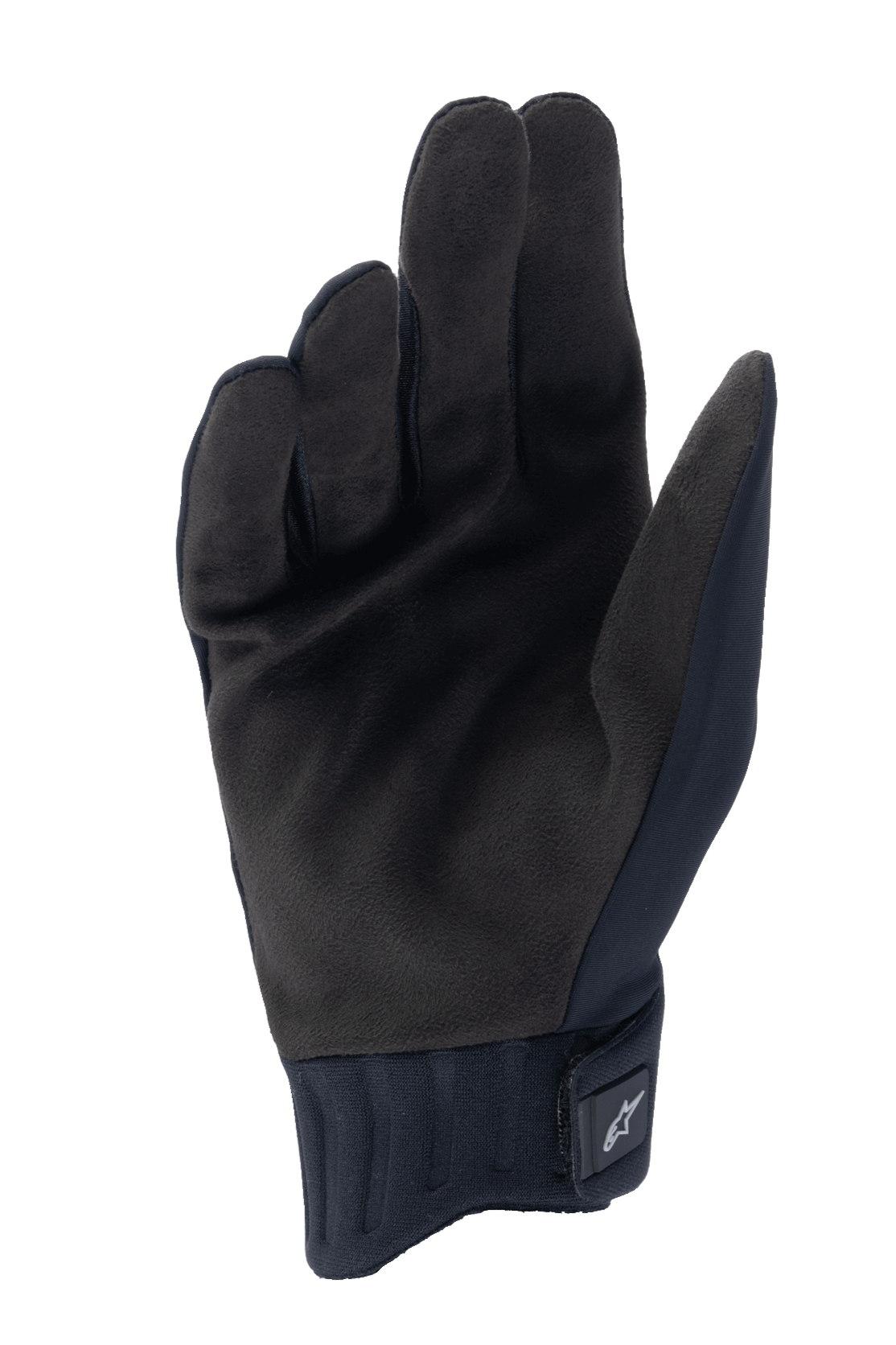 Gants Stella A-Dura Rain Alpinestars, gants de pluie VTT pour femme, noir, vue de la paume montrant l'adhérence en suède synthétique, manchette en néoprène côtelé avec sangle réglable, équipement de VTT imperméable