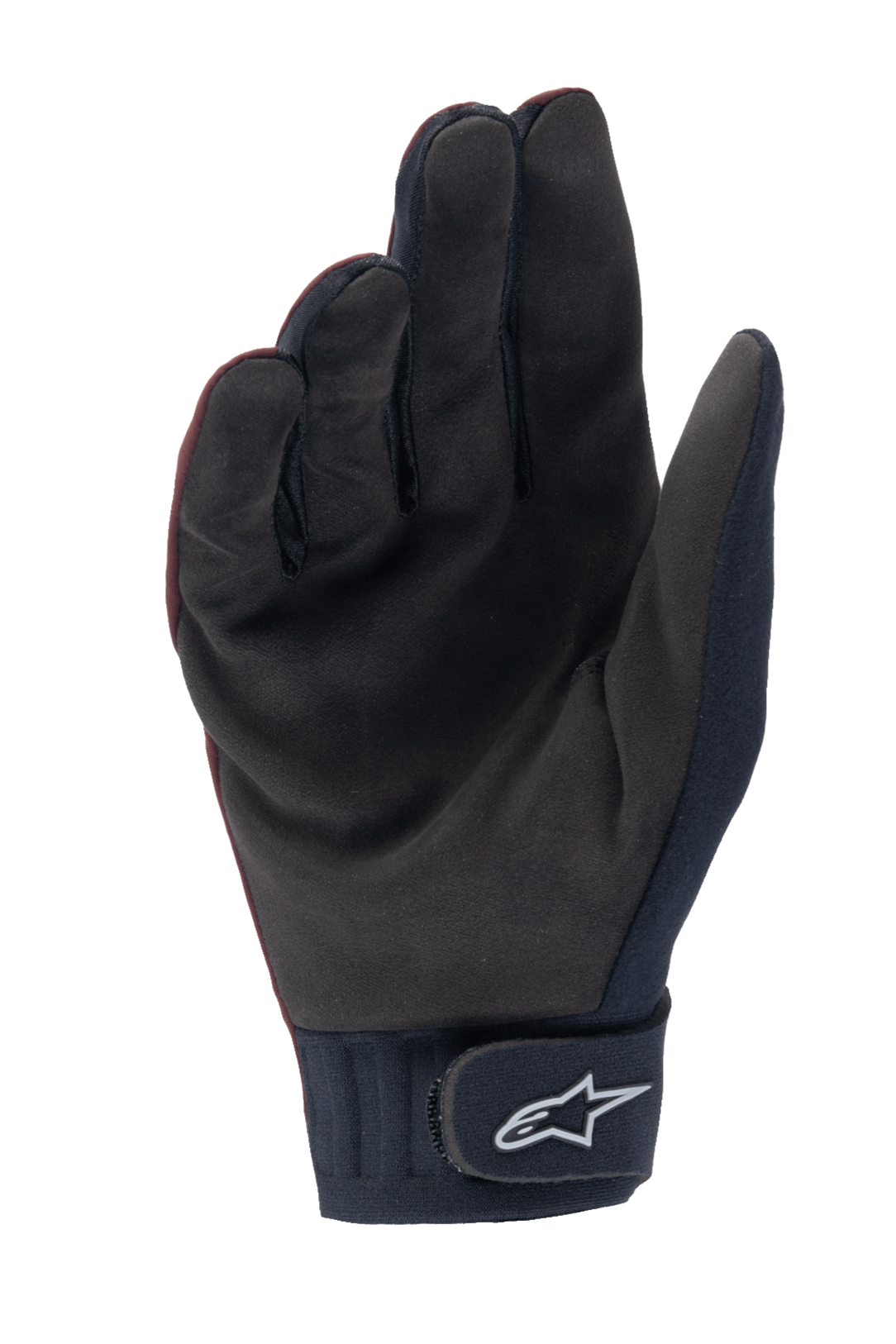 Gants thermiques Alpinestars Stella A-Dura, gants de VTT pour femme, bordeaux foncé et noir, vue de la paume montrant le matériau en suède synthétique, manchette en néoprène avec sangle auto-agrippante arborant le logo Alpinestars blanc, conçus pour le cyclisme par temps froid