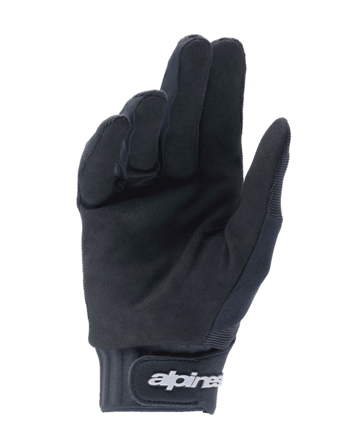Gants Alpinestars Youth A-Dura, noirs, vue de la paume montrant le suède synthétique pour l'adhérence, manchette en néoprène avec sangle de poignet à crochet et boucle et logo blanc, conçus pour le VTT et le cyclisme tout-terrain pour jeunes