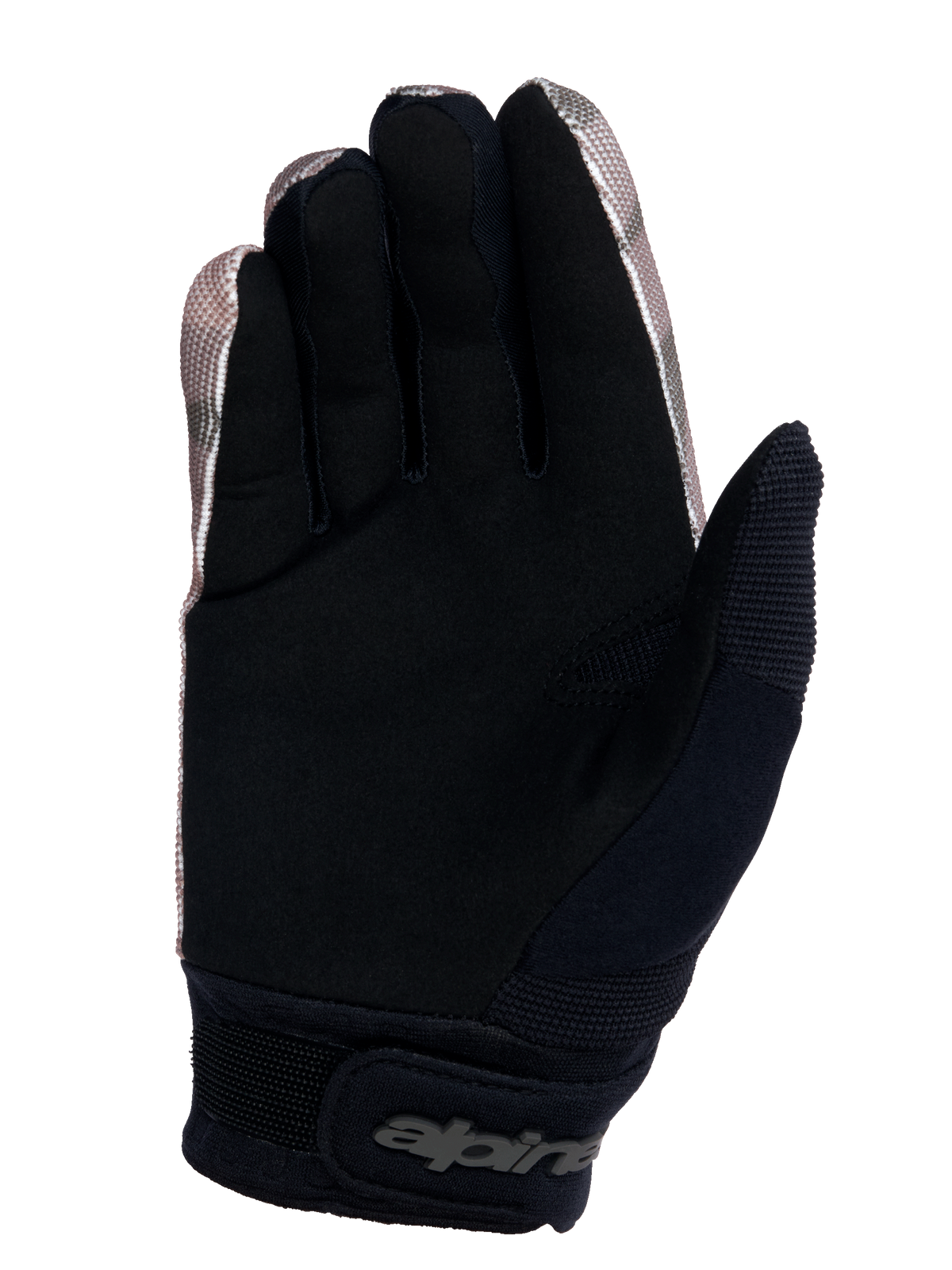 Gants Alpinestars Youth A-Dura, gants de VTT pour enfant, camouflage et noir, vue côté paume avec daim synthétique durable pour l'adhérence, manchette en néoprène avec fermeture à scratch au poignet et panneau d'essuyage de sueur sur le pouce.