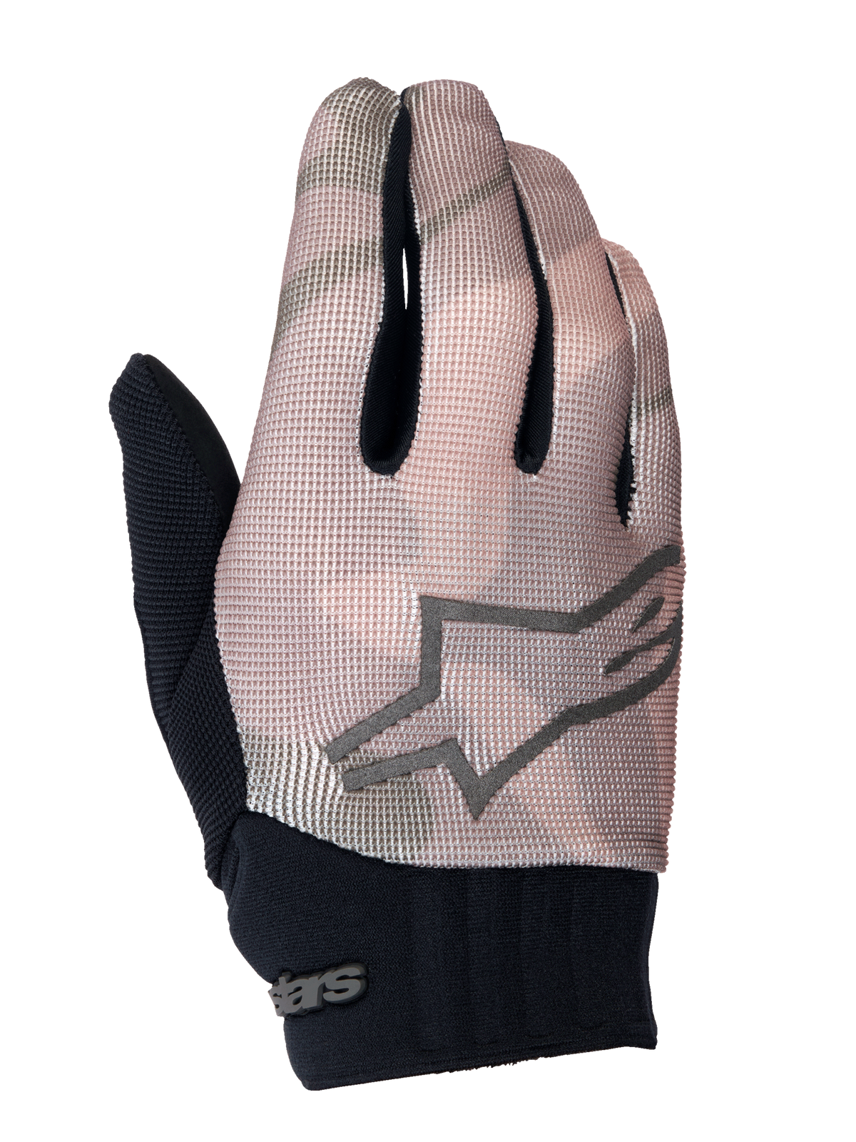 Alpinestars Youth A-Dura Gloves, gants de VTT, camouflage marron et noir, avec logo étoile gris au dos, manchette en néoprène noir et dessus en textile respirant pour jeunes pilotes