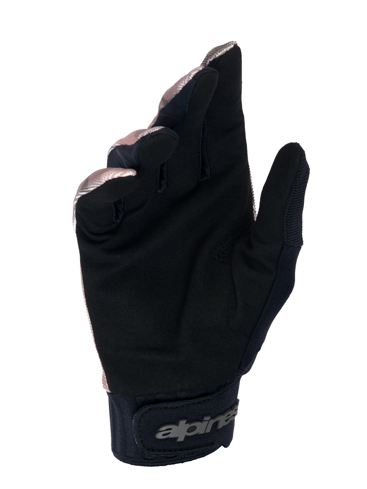 Gants Alpinestars A-Dura Squad, gants VTT, camo et marron, vue de la paume montrant le suède synthétique noir, poignet en néoprène avec fermeture à crochet et boucle et logo Alpinestars, conception durable pour le VTT