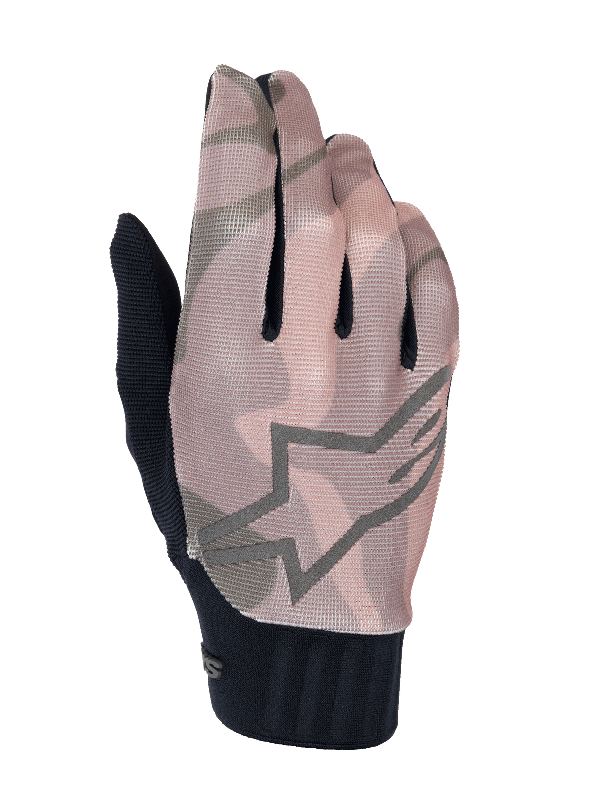 Alpinestars A-Dura Squad Gloves, gants de VTT, motif camouflage marron et gris, avec un grand contour du logo étoile au dos, dessus en mesh texturé et poignet côtelé noir