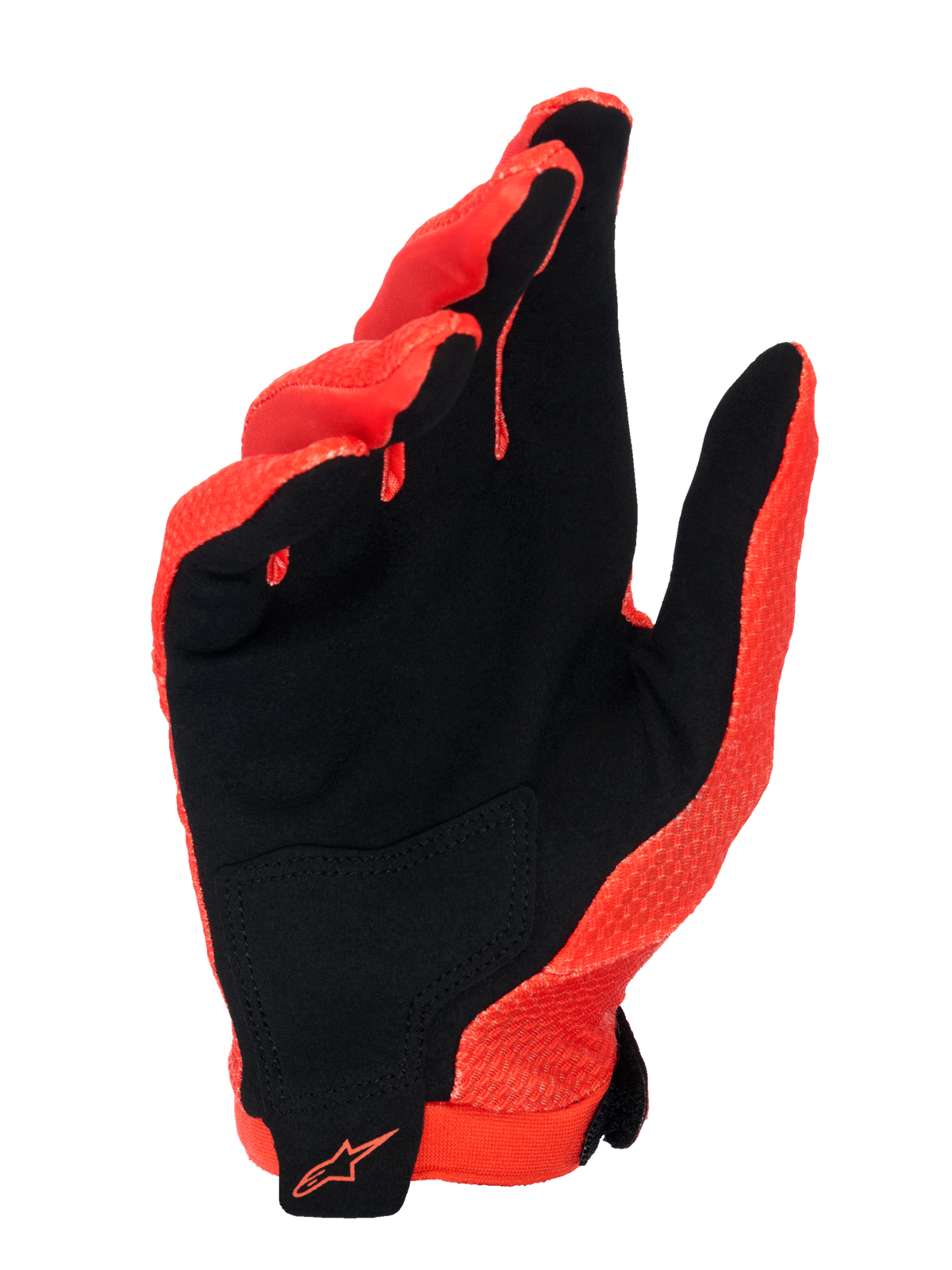 Gants Alpinestars A-Aria, Orange Spicy et noir, vue de la paume montrant le matériau en daim synthétique avec un empiècement noir sur la paume, logo Alpinestars orange sur le poignet, design léger et ventilé pour le VTT et le cyclisme tout-terrain