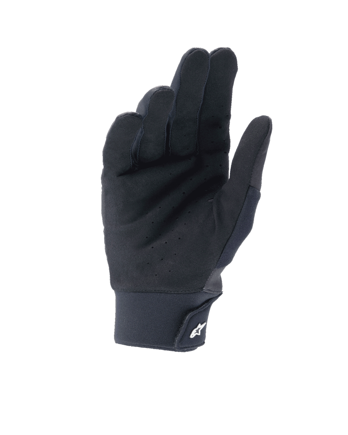 Gants Alpinestars A-Supra Shield, Noir, vue de la paume présentant du daim synthétique perforé pour la ventilation, poignet en néoprène avec fermeture à crochet et boucle et logo étoile blanc, équipement technique pour le VTT et le gravity