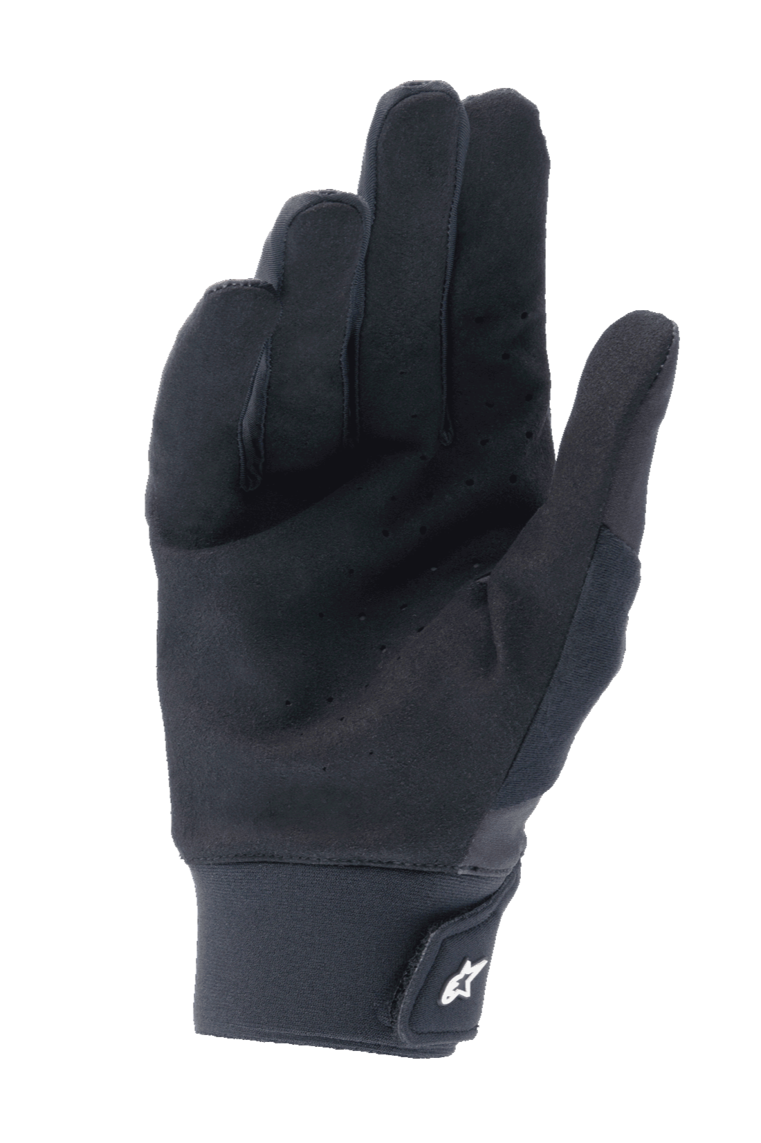 Gants Alpinestars A-Supra, noir, vue de la paume en daim synthétique perforé pour la ventilation, manchette en néoprène avec fermeture à crochet et boucle et logo blanc, équipement de VTT haute performance