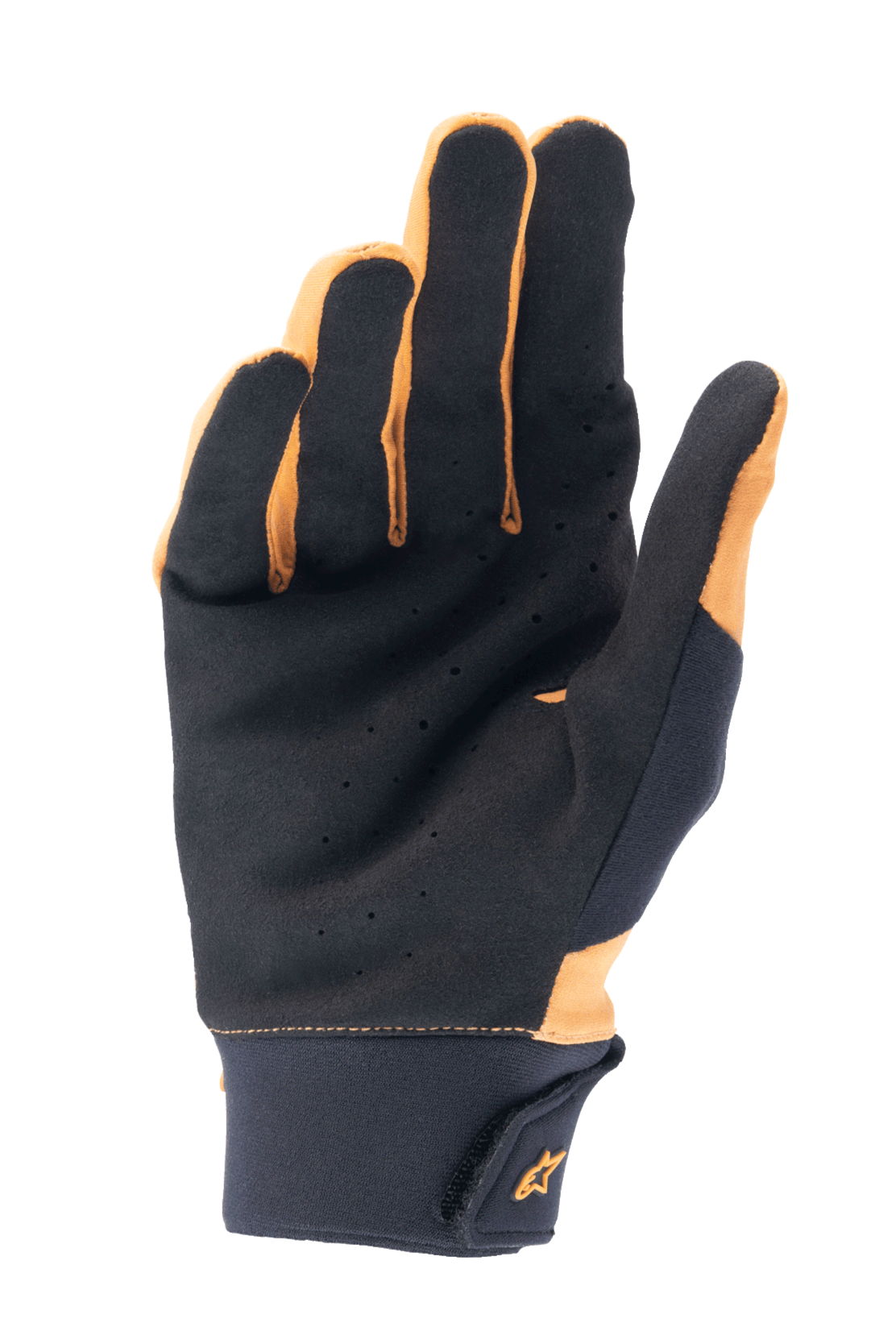 Gants Alpinestars A-Supra, or foncé et noir, vue de la paume montrant le daim synthétique perforé pour la ventilation et l'adhérence, large manchette en néoprène avec fermeture à crochet et boucle et logo doré, gants de cyclisme pour le VTT