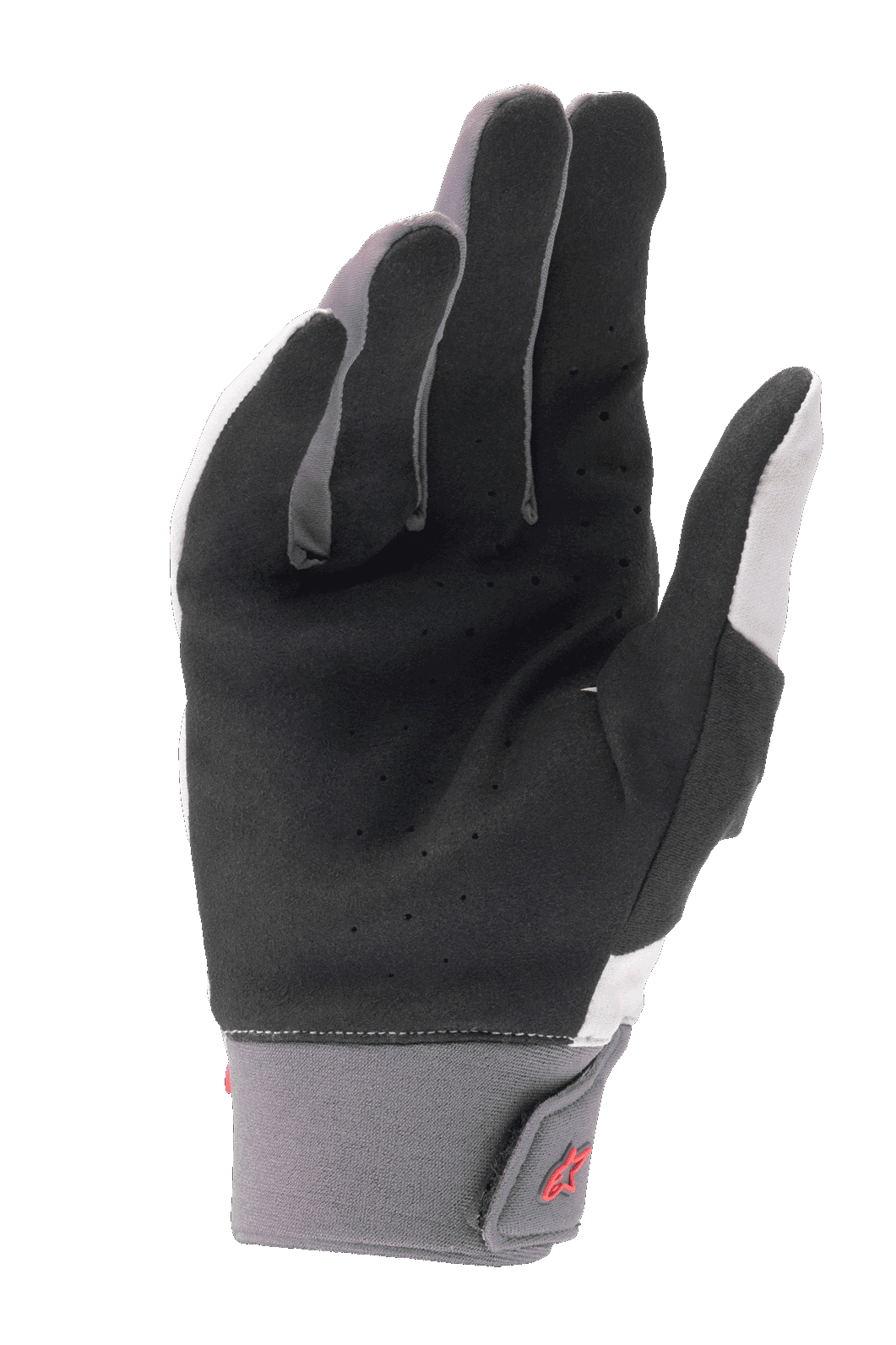 Alpinestars A-Supra Gloves, Mountain Bike Gloves, Light Gray and Black, featuring a perforated synthetic suede palm, neoprene cuff with hook and loop closure, red logo detail, designed for performance cycling
