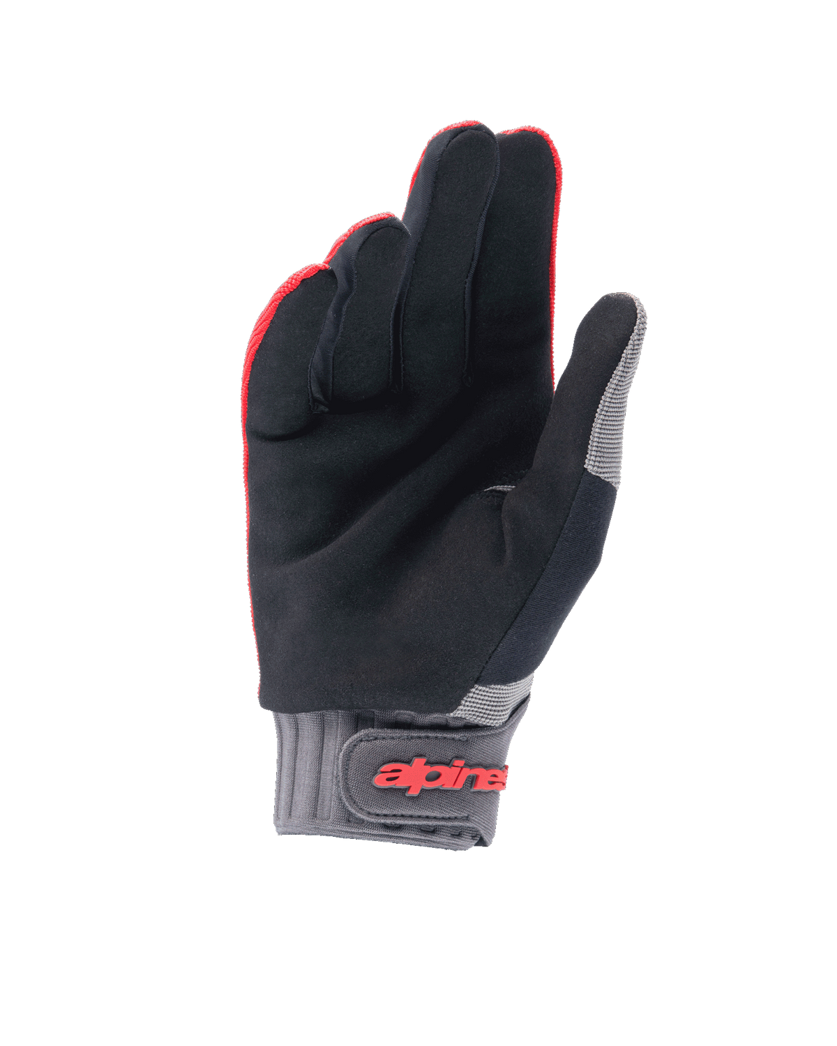 Gants Alpinestars A-Dura, gants de VTT, rouge fluo et noir, vue de la paume en daim synthétique pour l'adhérence, poignet en néoprène gris avec fermeture à boucle et crochet et marquage rouge, équipement de cyclisme tout-terrain