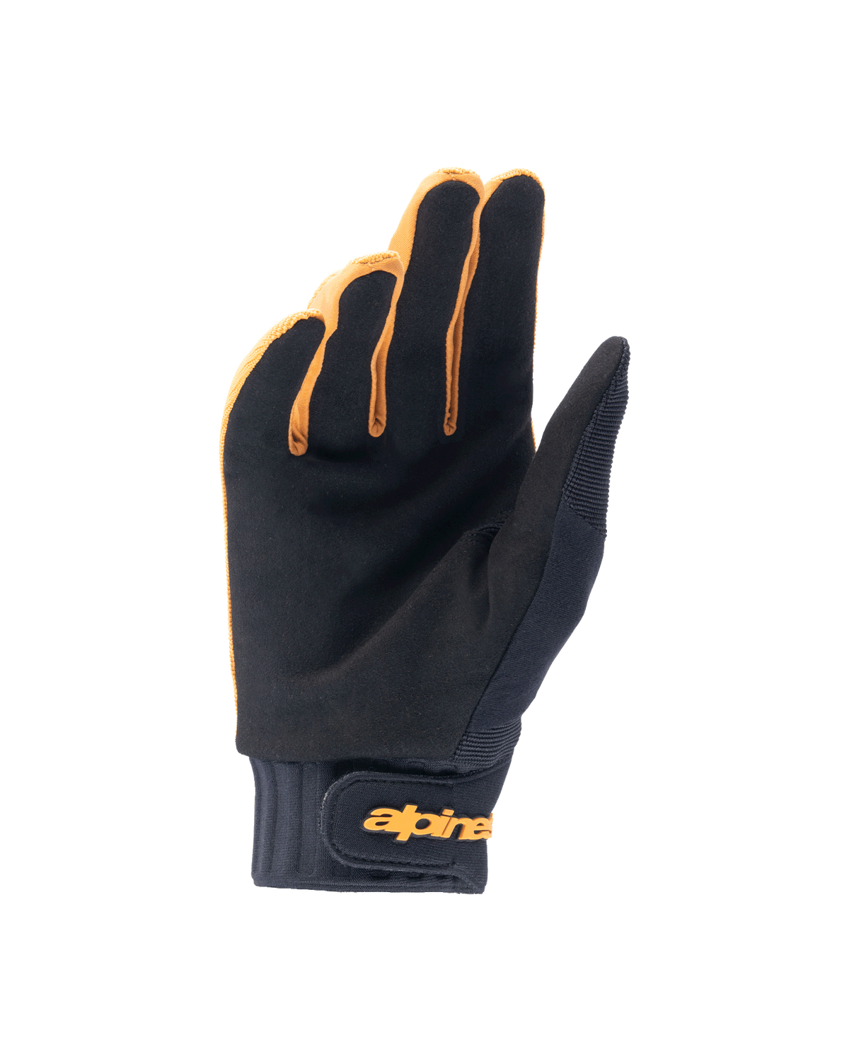 Gants Alpinestars A-Dura, gants de VTT, or foncé et noir, vue de la paume montrant le matériau en daim synthétique, manchette en néoprène avec sangle de poignet à crochet et boucle dorée, conçus pour l'adhérence et la mobilité à vélo.
