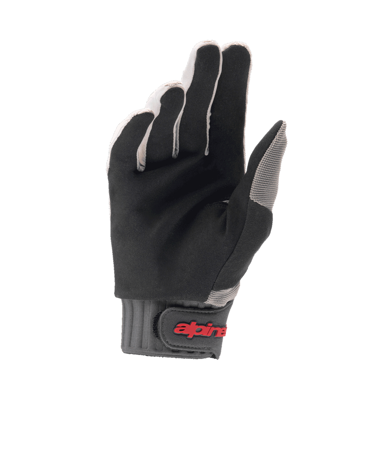 Alpinestars A-Dura Gloves, MTB Cycling Gloves, Light Gray and Black, palm view highlighting durable synthetic suede, gray ribbed cuff with hook-and-loop closure and red logo, designed for mountain bike grip and comfort