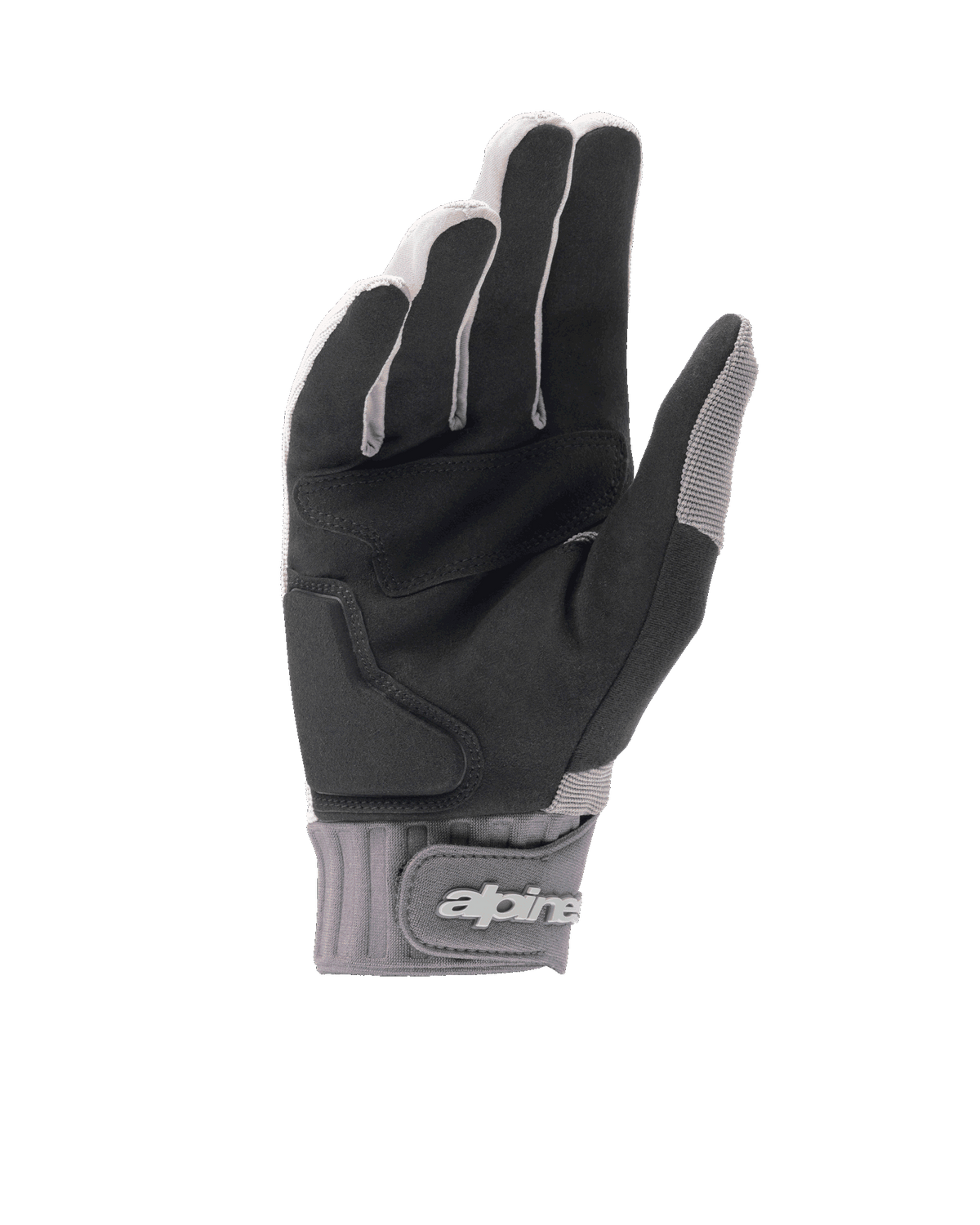 Gants Alpinestars A-Dura Gel, gants de VTT gris clair et noir, vue de la paume en daim synthétique noir avec rembourrage par insert en gel, manchette en néoprène avec fermeture à scratch au poignet et logo, équipement de cyclisme ergonomique