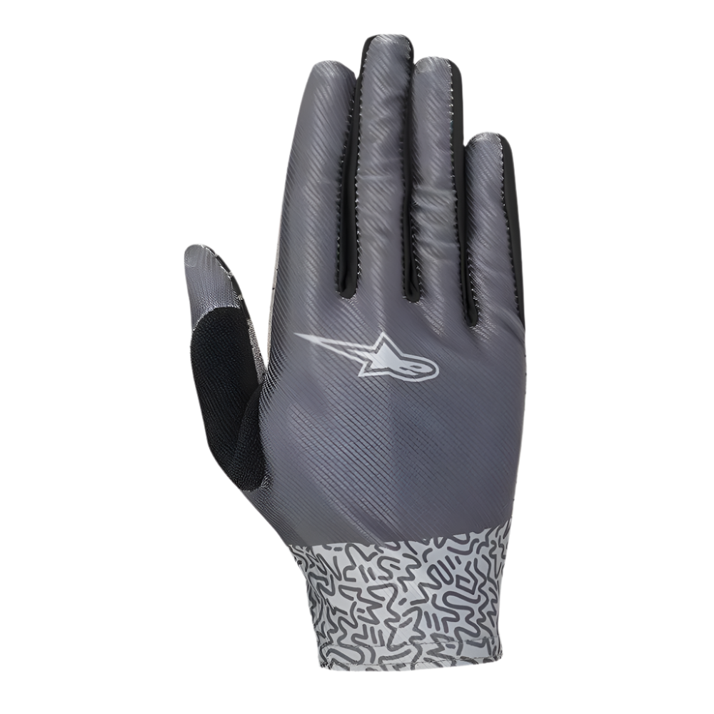 Gants Stella Alderex Pro Femme Alpinestars, gants de cyclisme gris anthracite, vue arrière avec logo Alpinestars blanc, tige en mesh texturé diagonalement et poignet à motifs