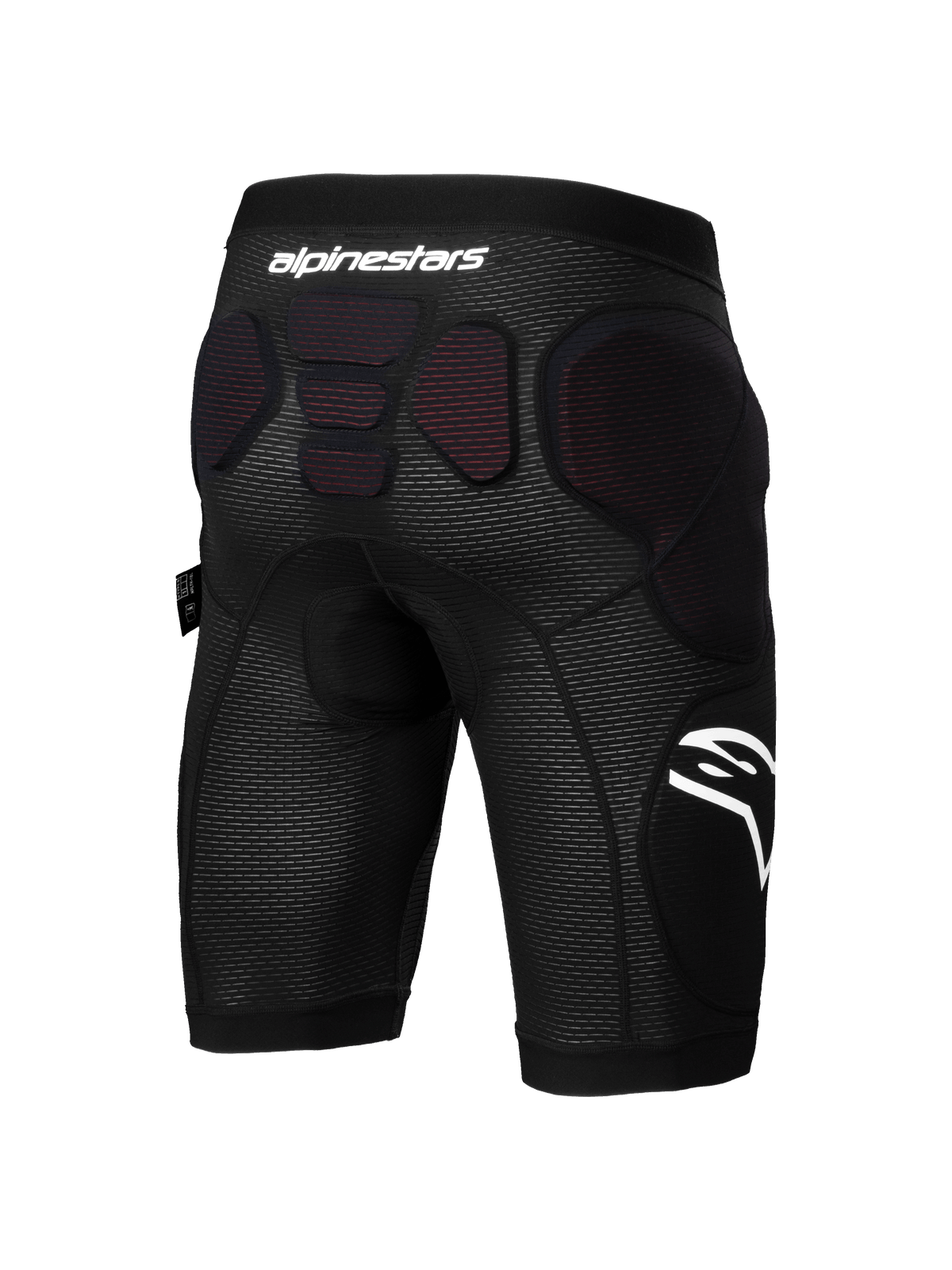 Alpinestars A-Impact Plasma Protection Shorts, short de protection pour VTT, noir et blanc, vue arrière montrant le rembourrage de protection intégré sur les hanches et le bas de la colonne vertébrale, tissu en maille respirante avec logos Alpinestars blancs, conçu pour l'enduro et le gravity.