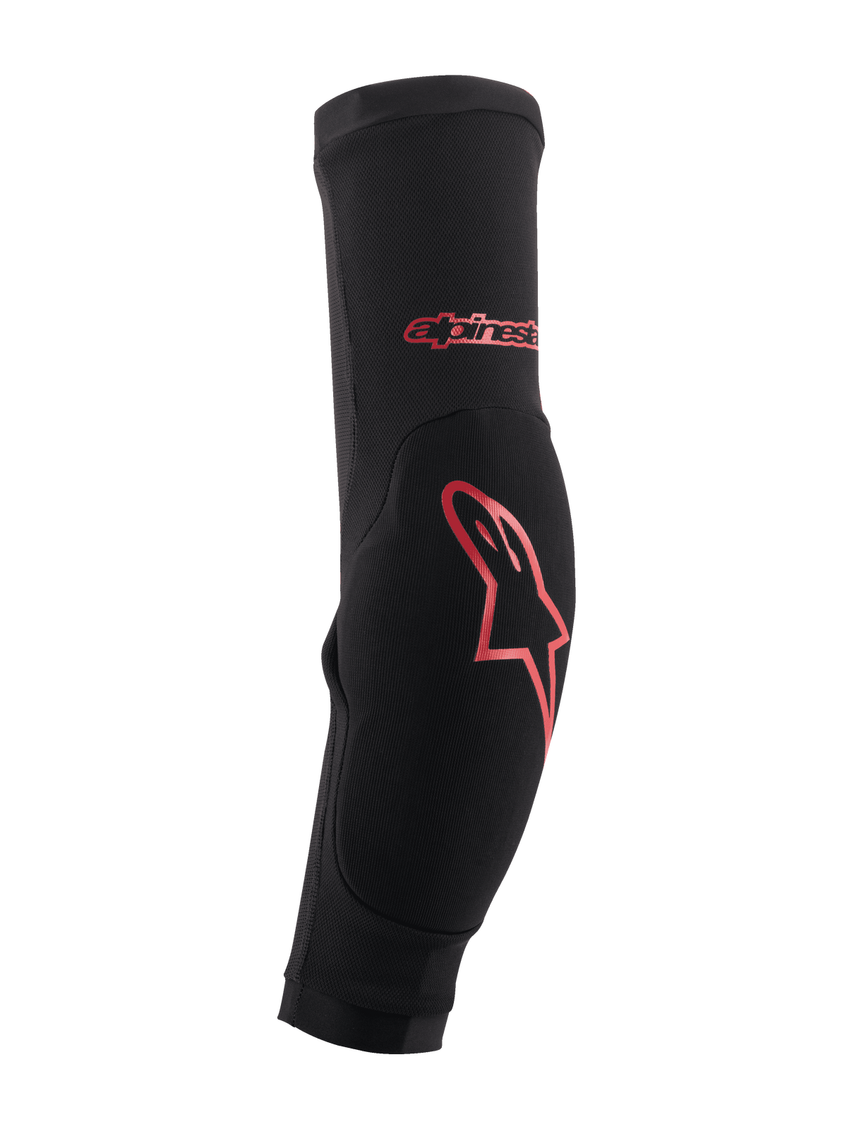 Alpinestars Paragon Plus, coudières de protection pour VTT, noires avec logo rouge, manchon à enfiler ajusté avec rembourrage renforcé et châssis en mesh respirant