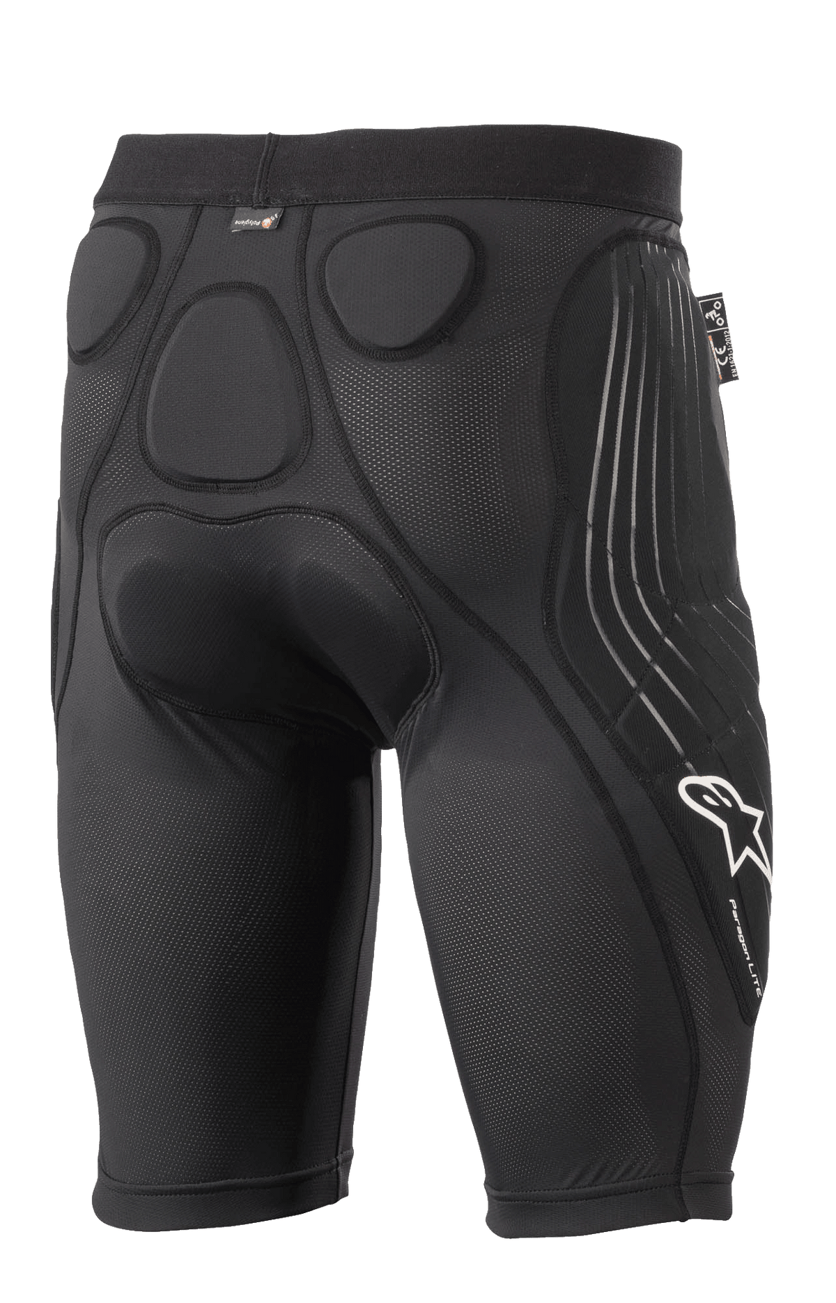 Short de protection Alpinestars Paragon Lite, noir, vue arrière avec rembourrage en mousse à mémoire de forme intégré pour la protection des hanches et du coccyx, conception en mesh respirant, logo Alpinestars blanc et marquage Paragon Lite sur la jambe, équipement de protection léger pour le cyclisme