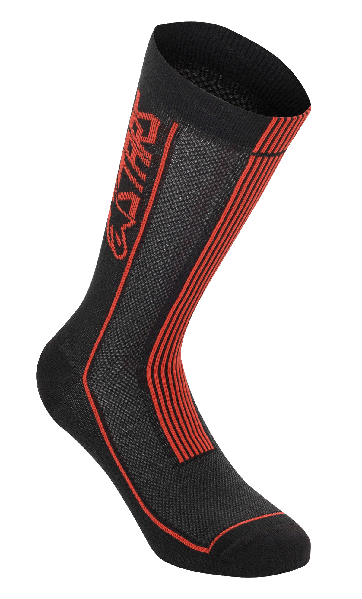 Alpinestars Summer Socks, chaussettes de cyclisme, noir et rouge vif, logo Astars vertical et rayures rouges, texture en maille tricotée pour la circulation de l'air, construction en côtes pour l'extensibilité, équipement de performance pour rouler par temps chaud