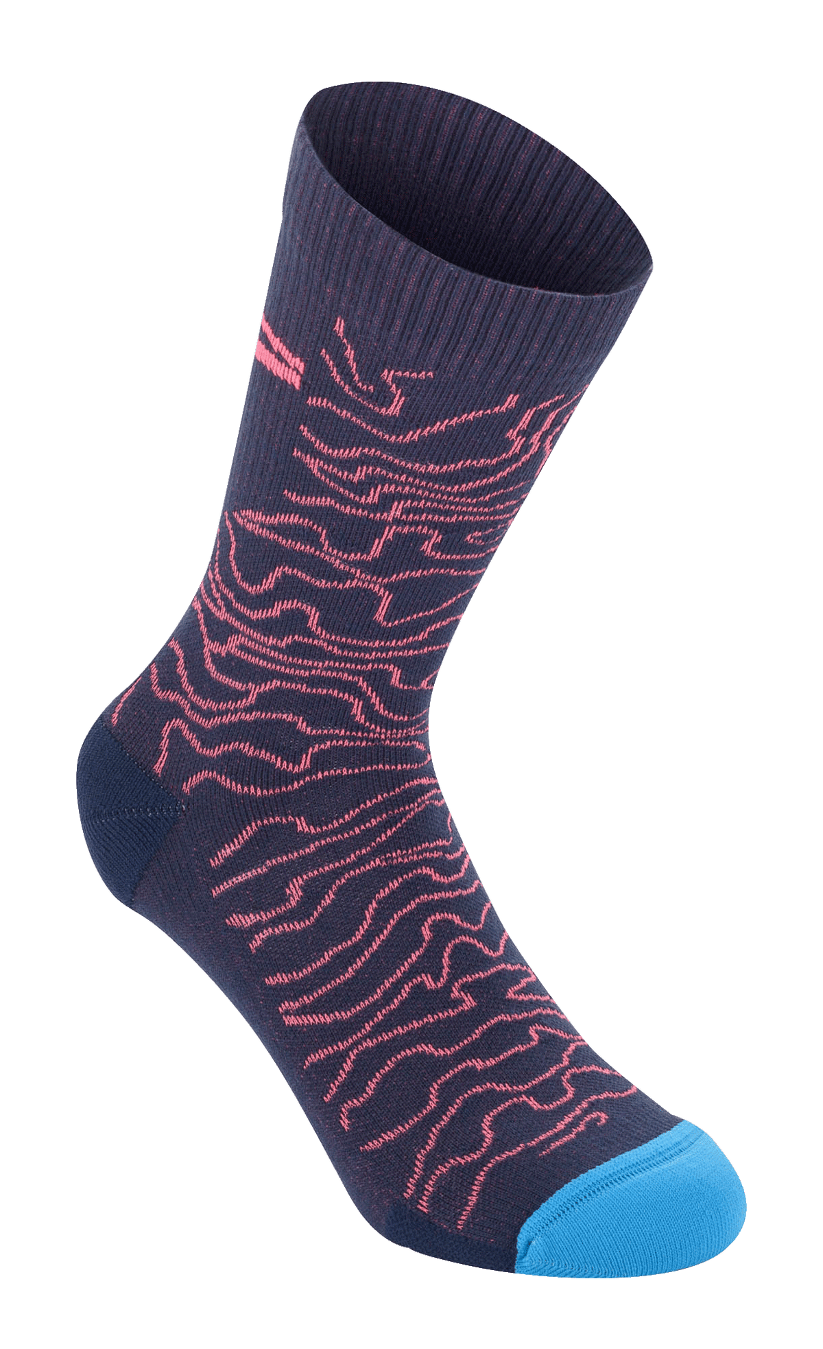 Alpinestars Drop Socks 15, bleu marine avec motif ondulé corail et bout bleu vif, texture côtelée sur le haut, chaussettes de cyclisme de performance mi-mollet