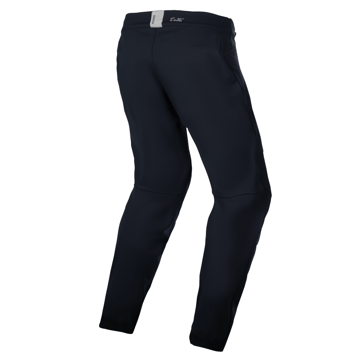 Alpinestars A-Dura Thermal Pant, pantalon de VTT, noir, vue arrière avec conception anatomique pré-courbée, petit logo ASTARS sur la ceinture arrière, style minimaliste pour le trail et l'enduro
