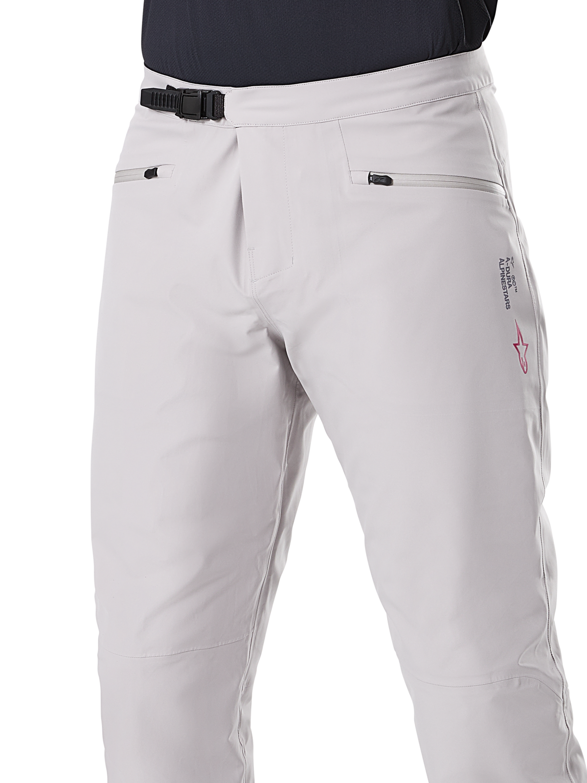 Alpinestars A-Dura Waterproof Pants, pantalon de VTT, gris titane, vue de face montrant la fermeture à cliquet noire à la taille et les poches mains zippées, construction imperméable durable pour le vélo de montagne